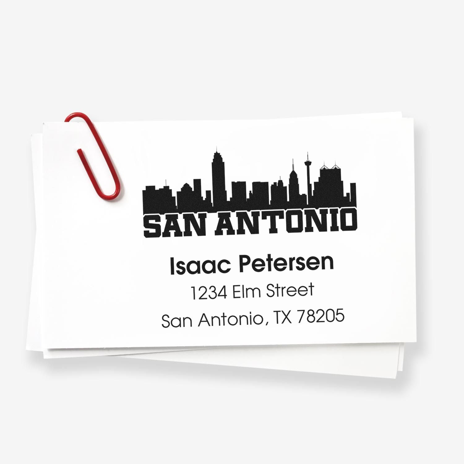Custom return address rubber stamp mockup with San Antonio skyline, name, street address, and ZIP code.