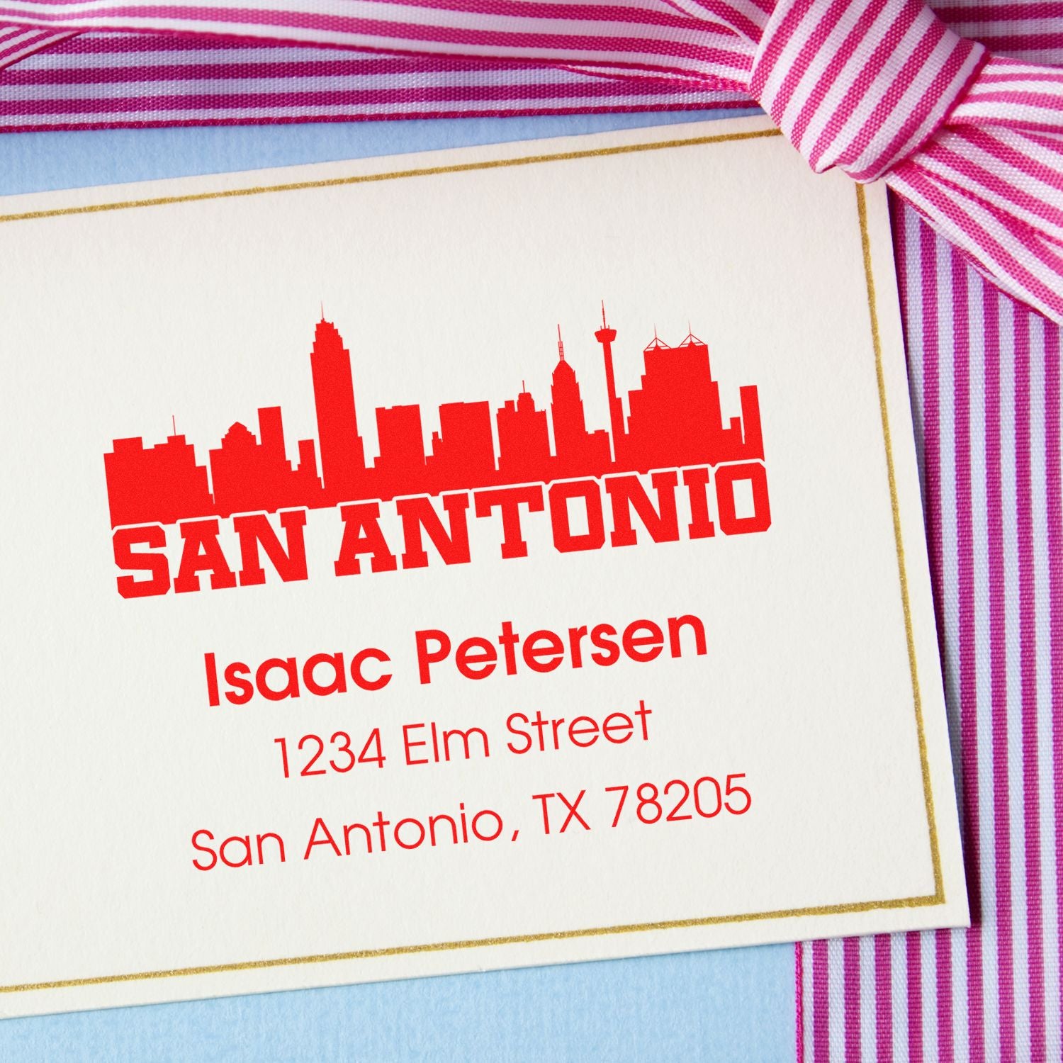 Custom San Antonio return address rubber stamp with skyline, for personalized stationery, invitations and mailing.