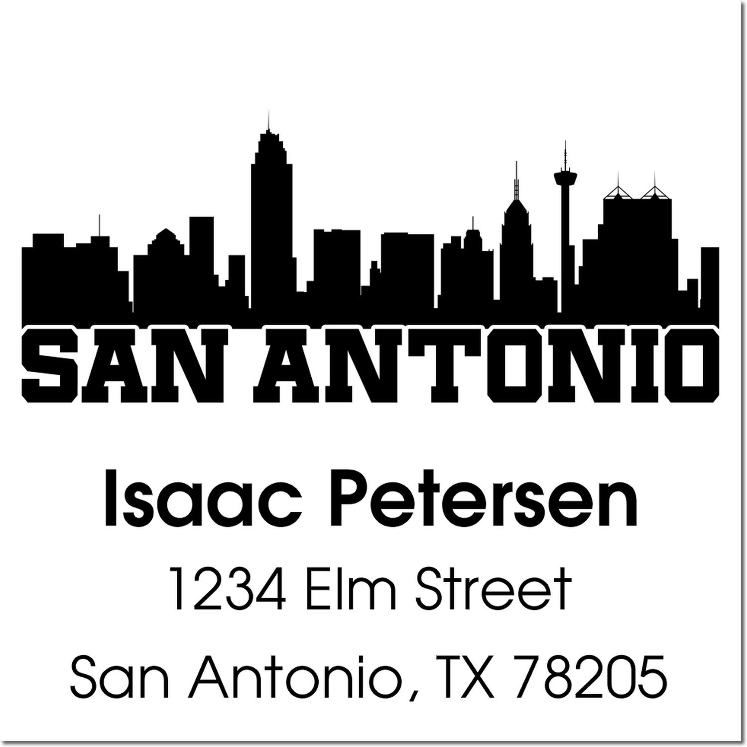 Custom San Antonio address rubber stamp with skyline, Isaac Petersen, 1234 Elm Street, San Antonio, TX 78205