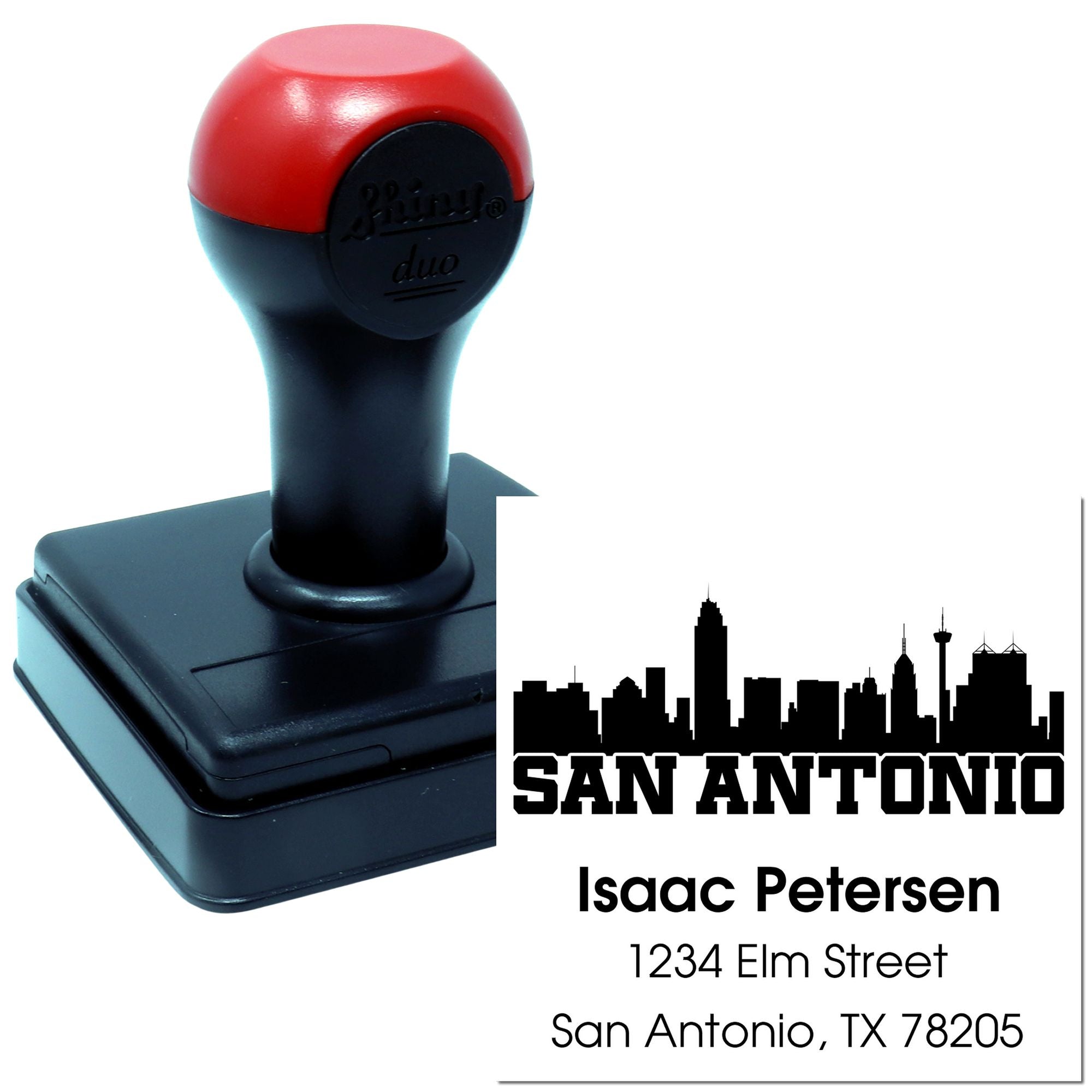 Custom self-inking rubber stamp with San Antonio skyline return address imprint for personalized business mailings.