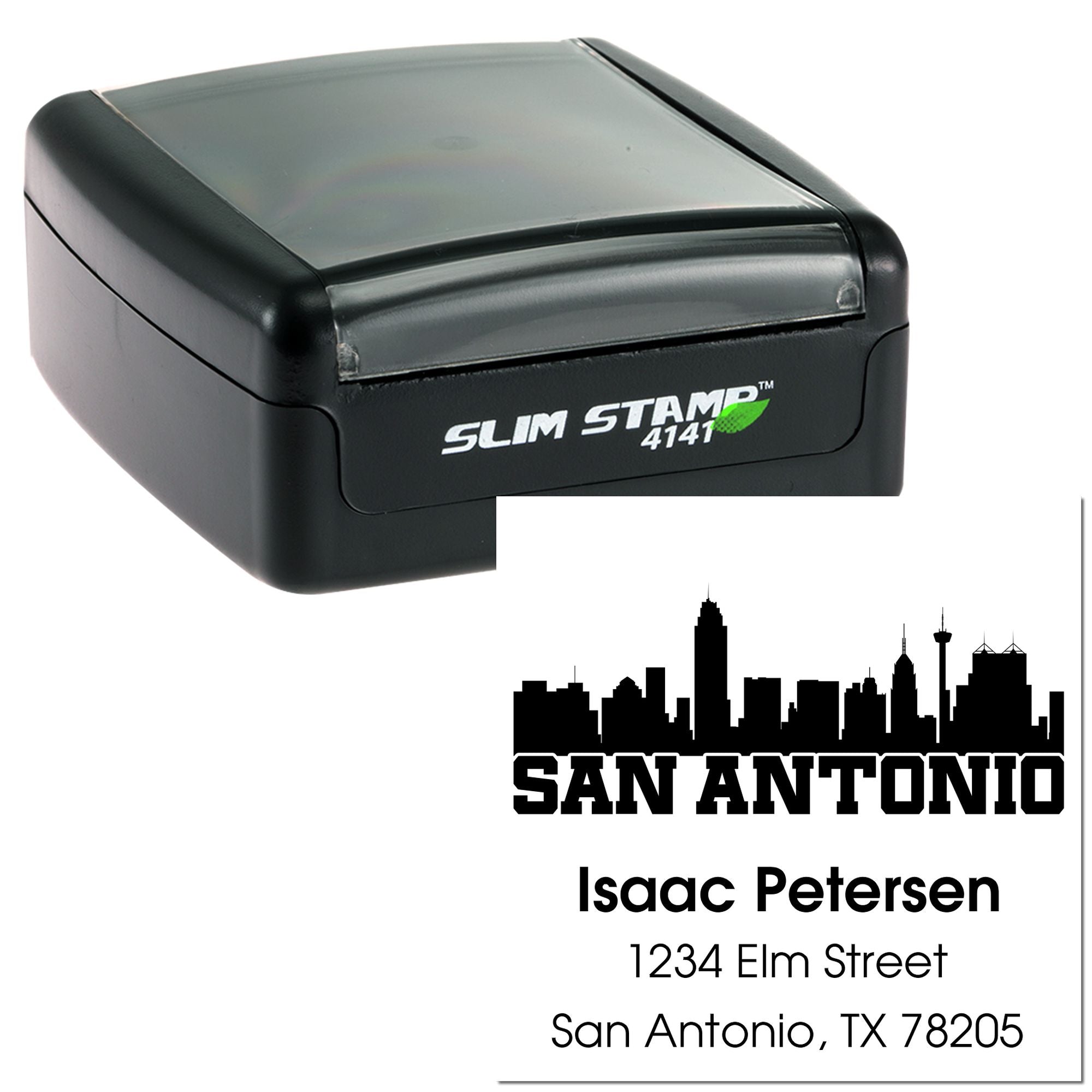 Custom self-inking rubber stamp with San Antonio skyline and return address for Isaac Petersen, 1234 Elm Street, San Antonio, TX 78205.