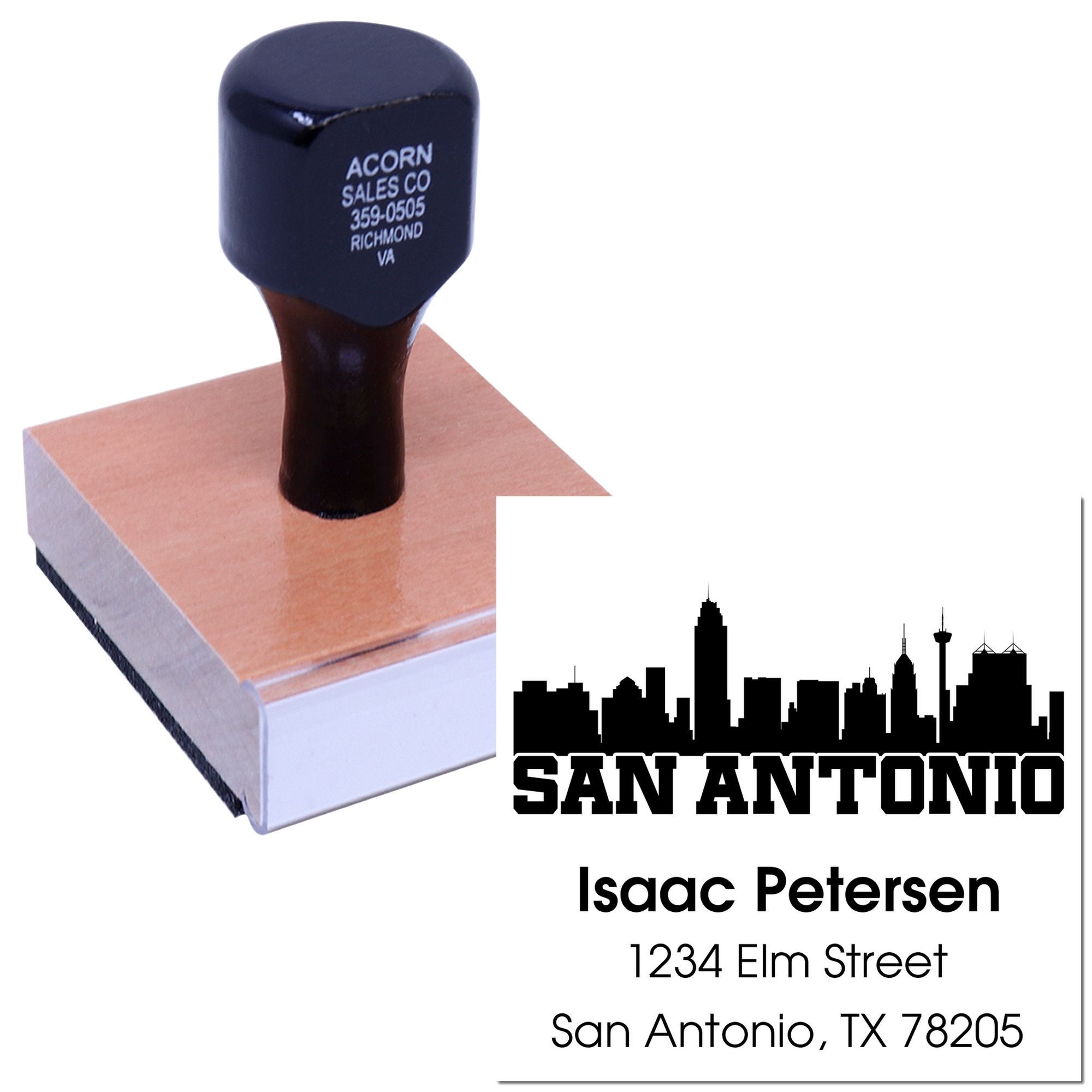 Personalized rubber address stamp with San Antonio skyline, name, street address, and ZIP code for return mailing.