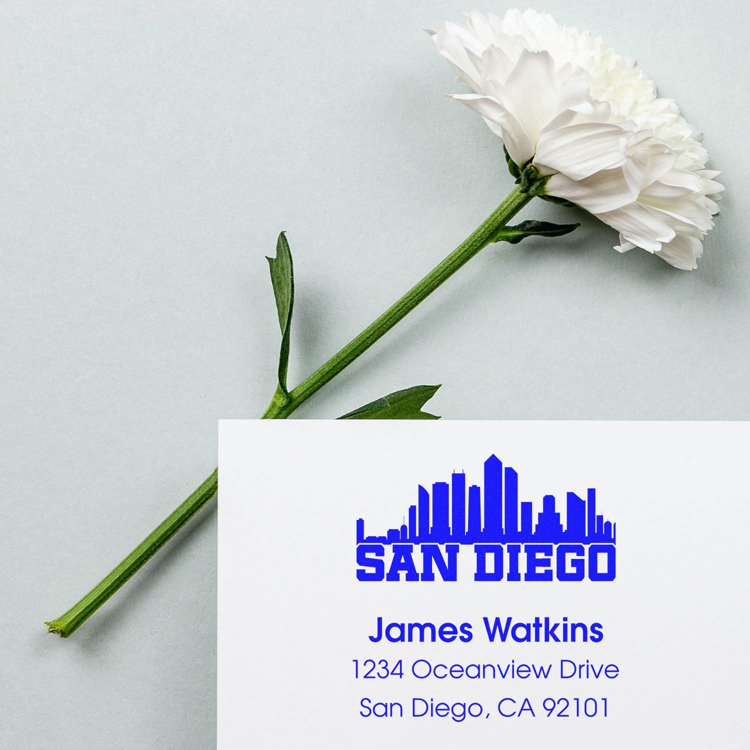 Custom San Diego return address rubber stamp with skyline design for James Watkins mailing labels and stationery