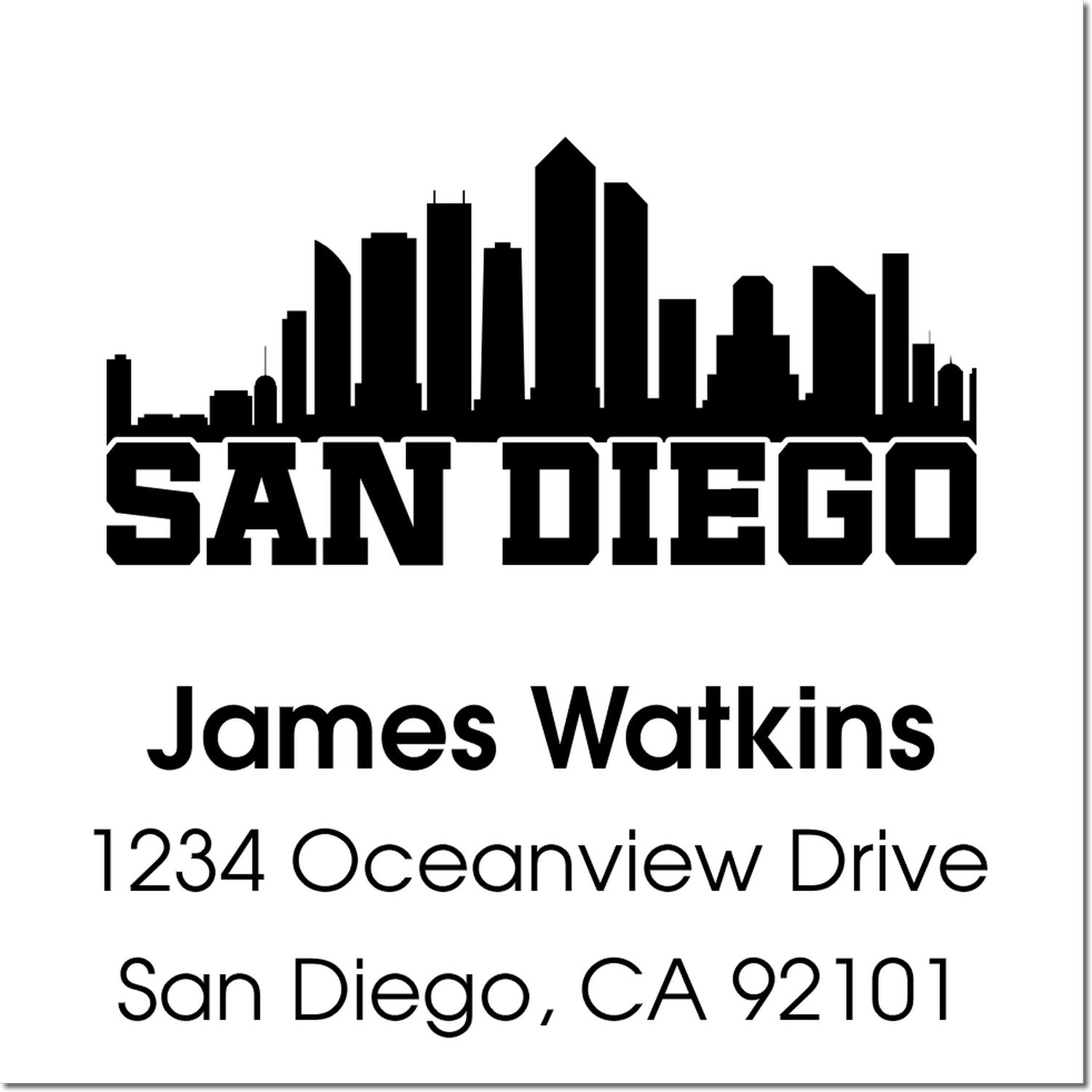 Custom San Diego return address rubber stamp with skyline, James Watkins, 1234 Oceanview Drive, San Diego, CA 92101
