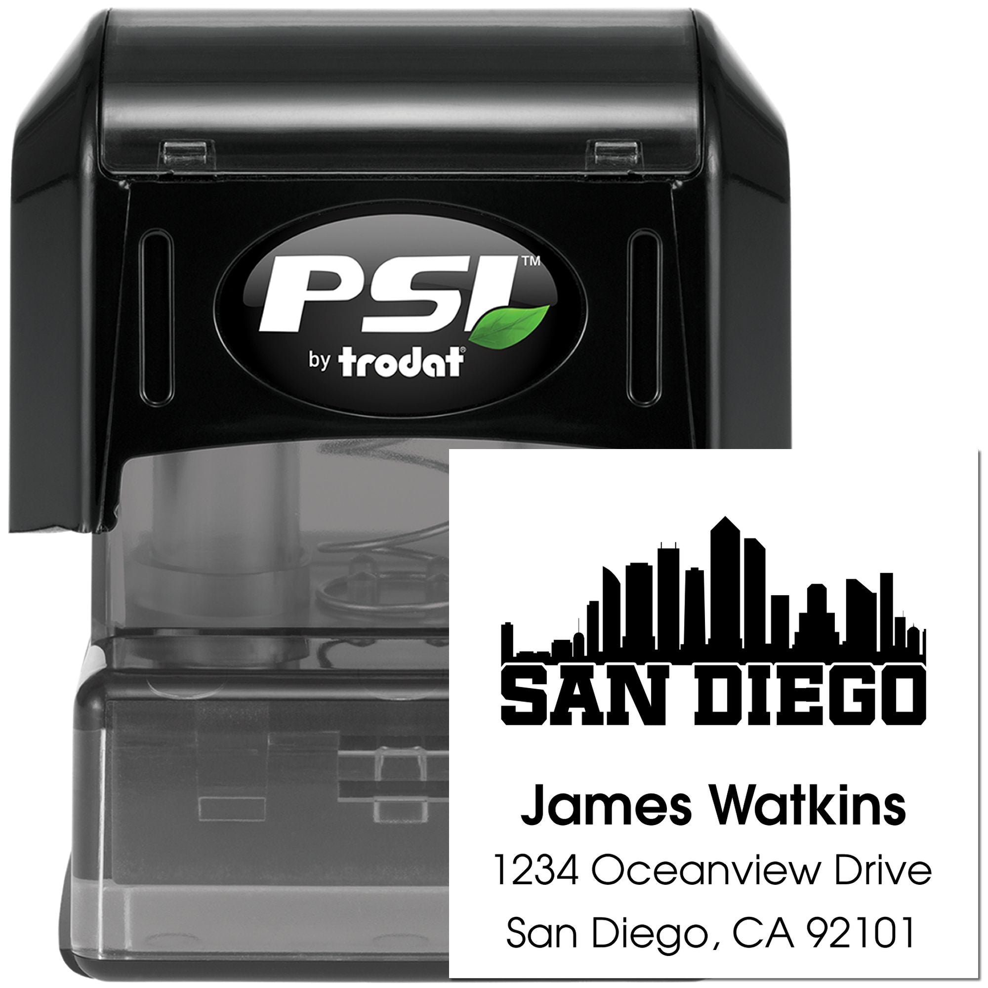 Custom San Diego address self-inking rubber stamp by PSI Trodat for mailing and business use