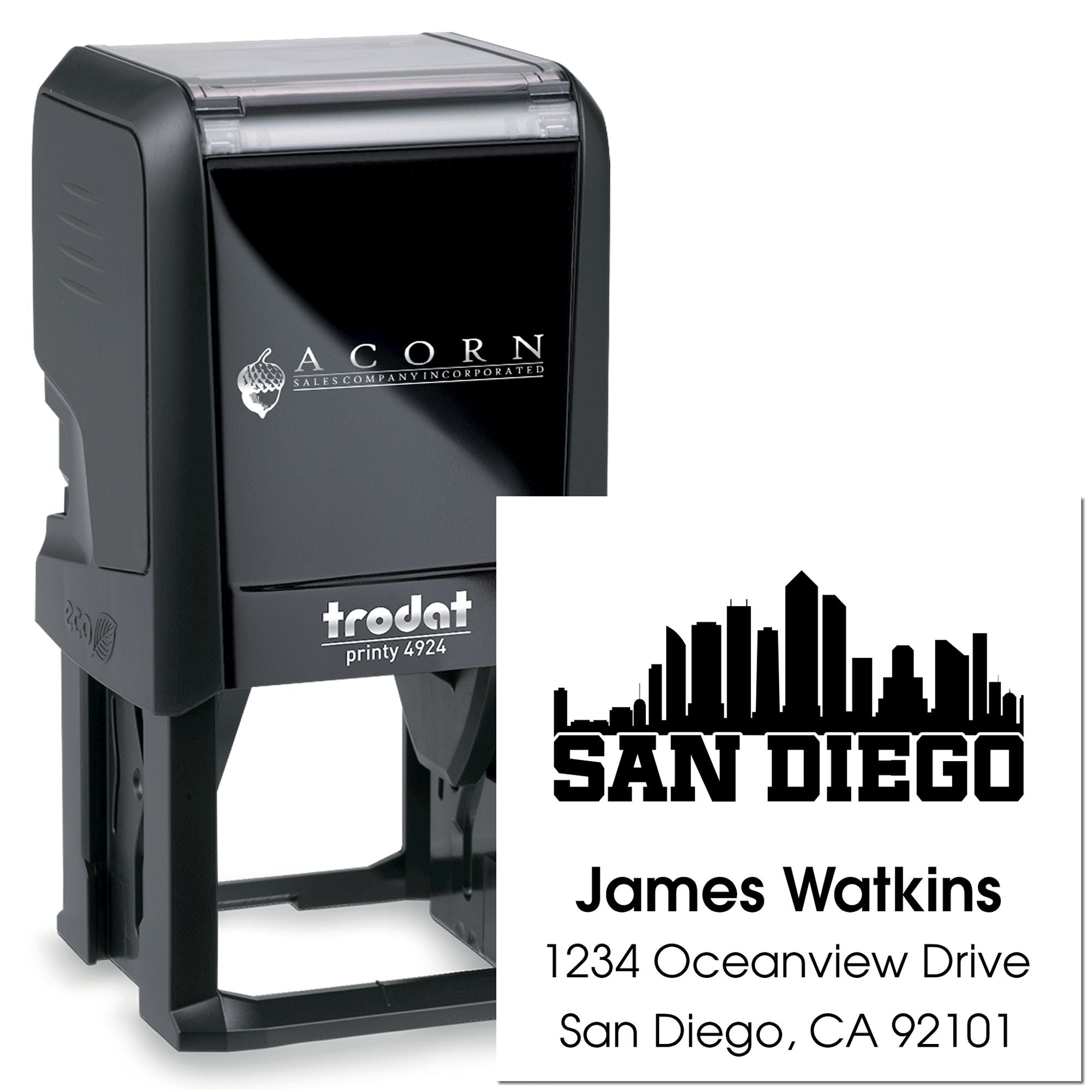 Custom self-inking rubber address stamp with San Diego skyline, name, and address on Trodat Printy 4924 for business use.