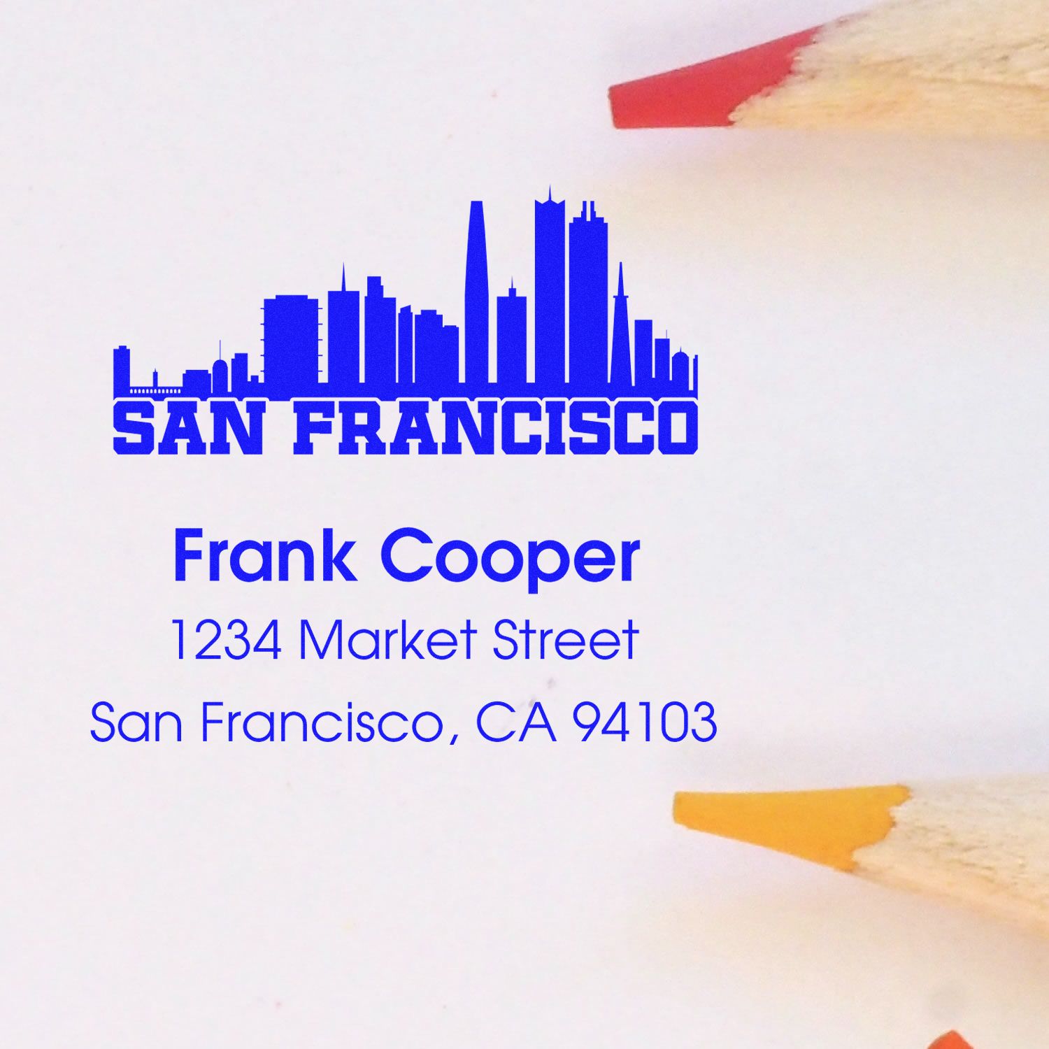 Custom San Francisco address rubber stamp with skyline, Frank Cooper, 1234 Market Street, CA 94103.