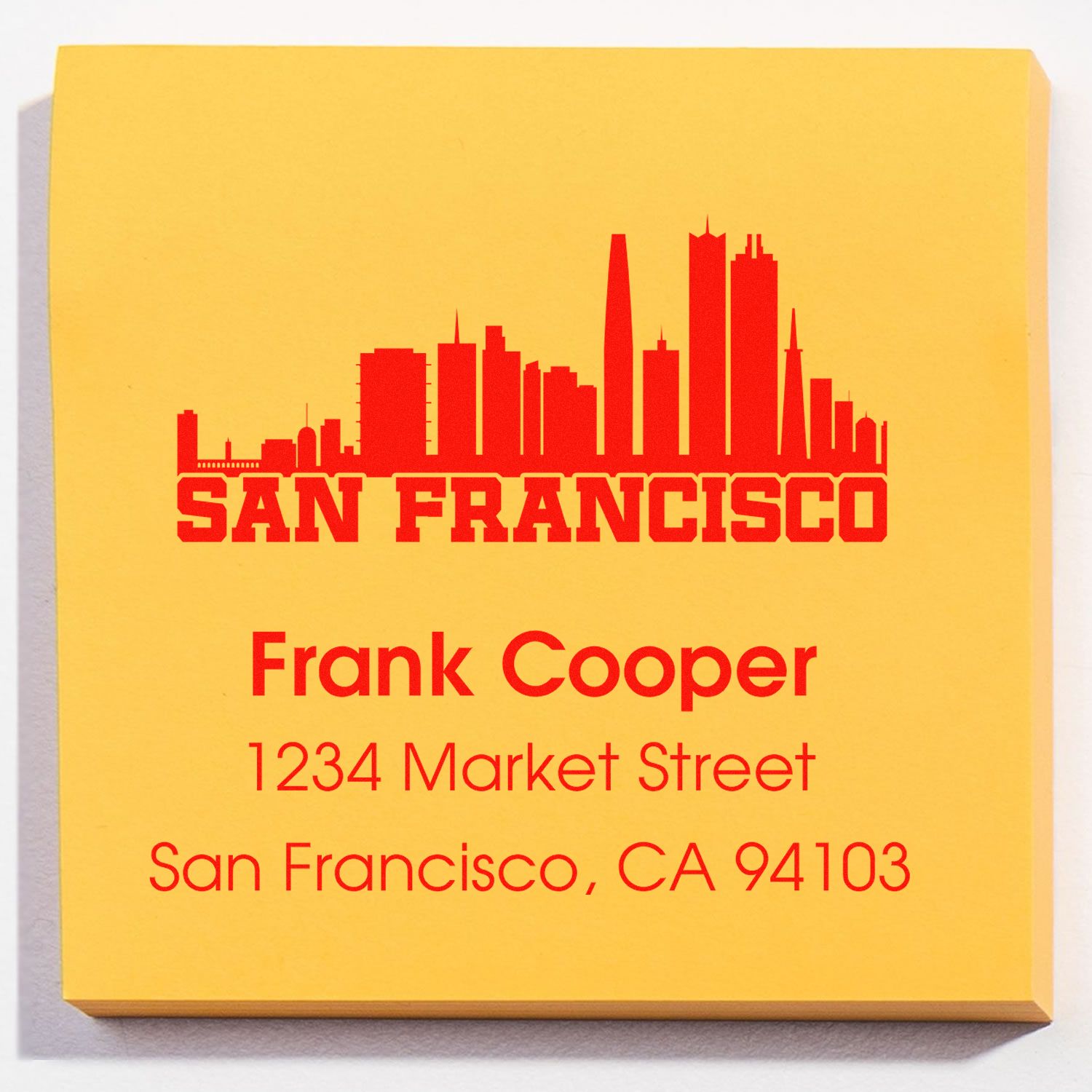Custom San Francisco address rubber stamp with skyline logo, Frank Cooper name, and Market Street mailing address.