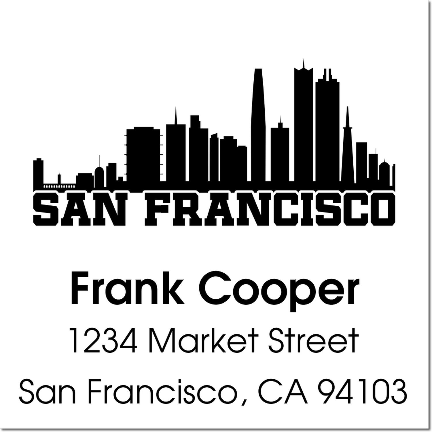 Custom San Francisco rubber address stamp with skyline, Frank Cooper name, and 1234 Market Street mailing address.
