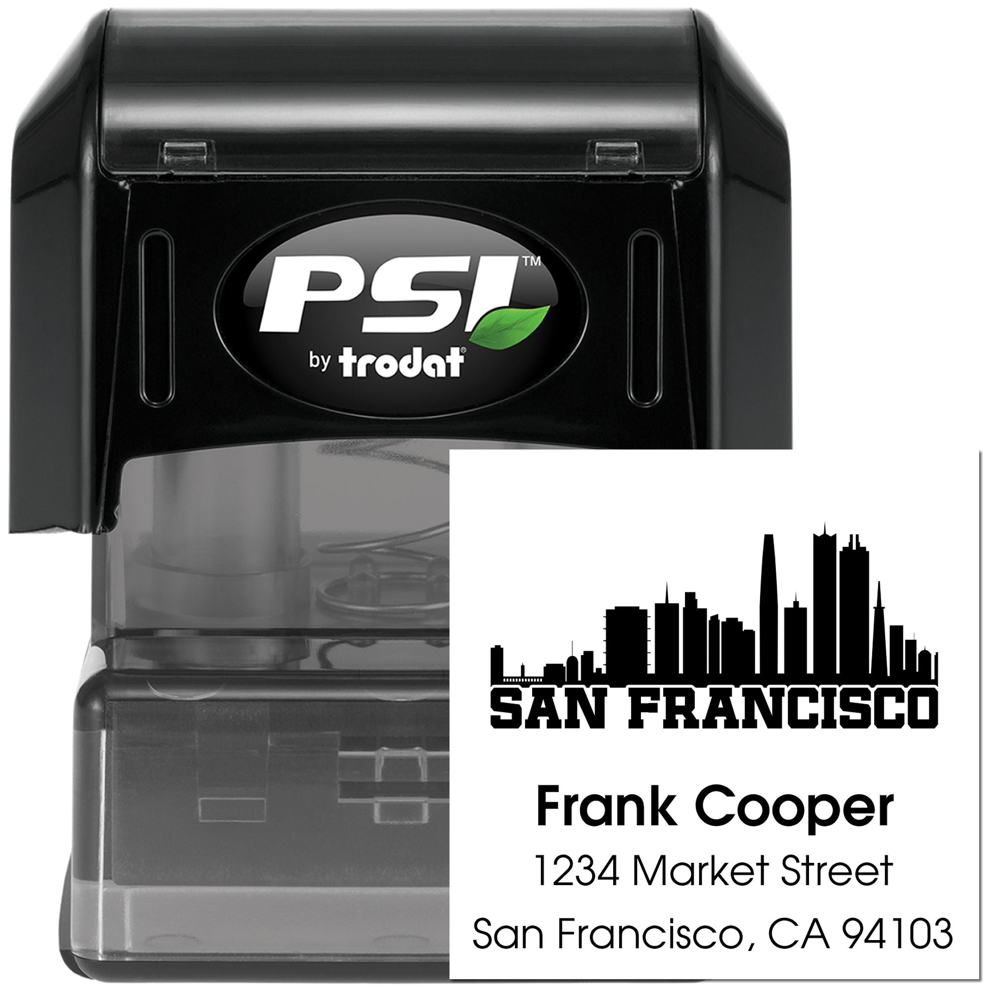 Custom self-inking rubber stamp with San Francisco skyline and address imprint for Frank Cooper, PSI by Trodat.