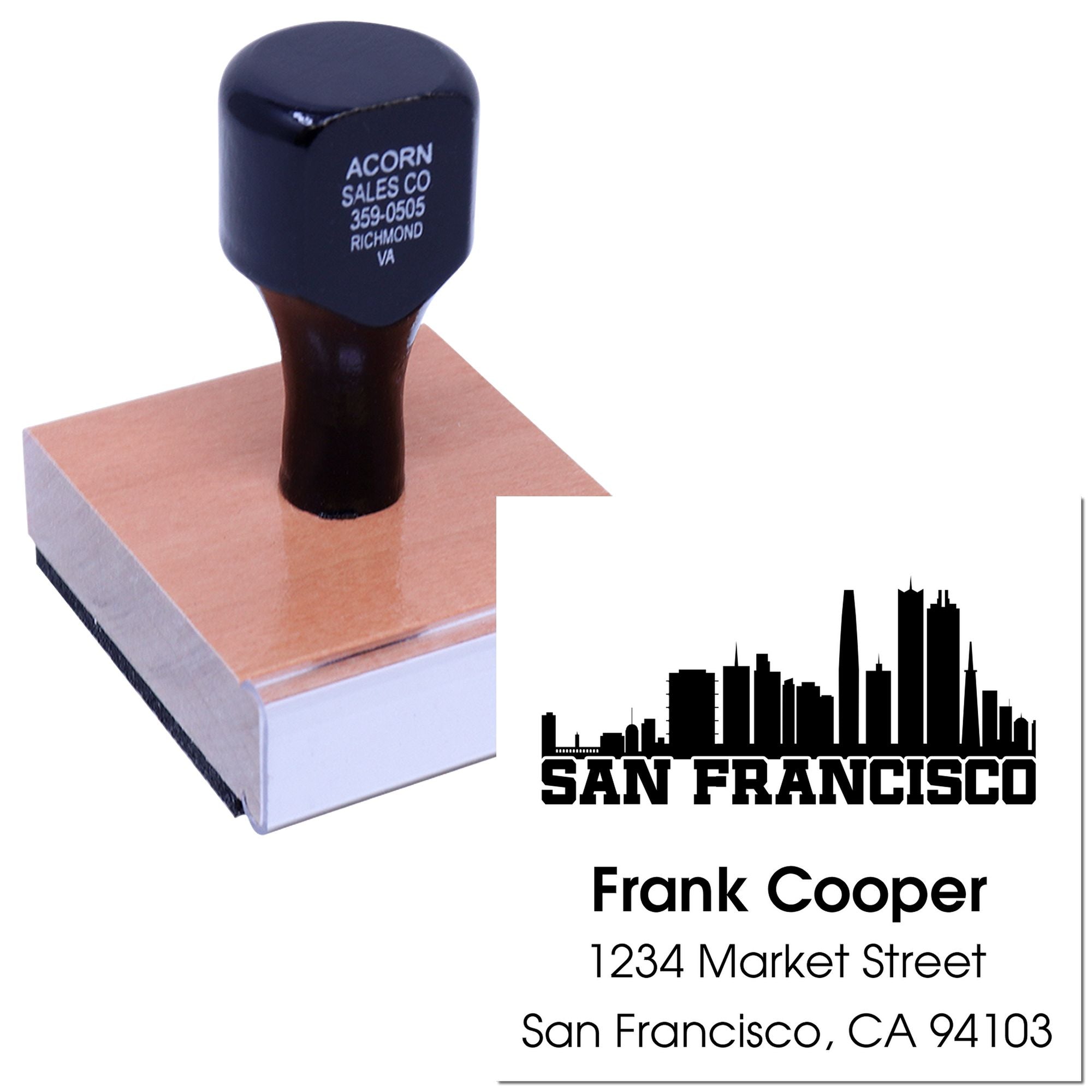 Custom San Francisco address rubber stamp with skyline design, name, street address, city, and ZIP code.
