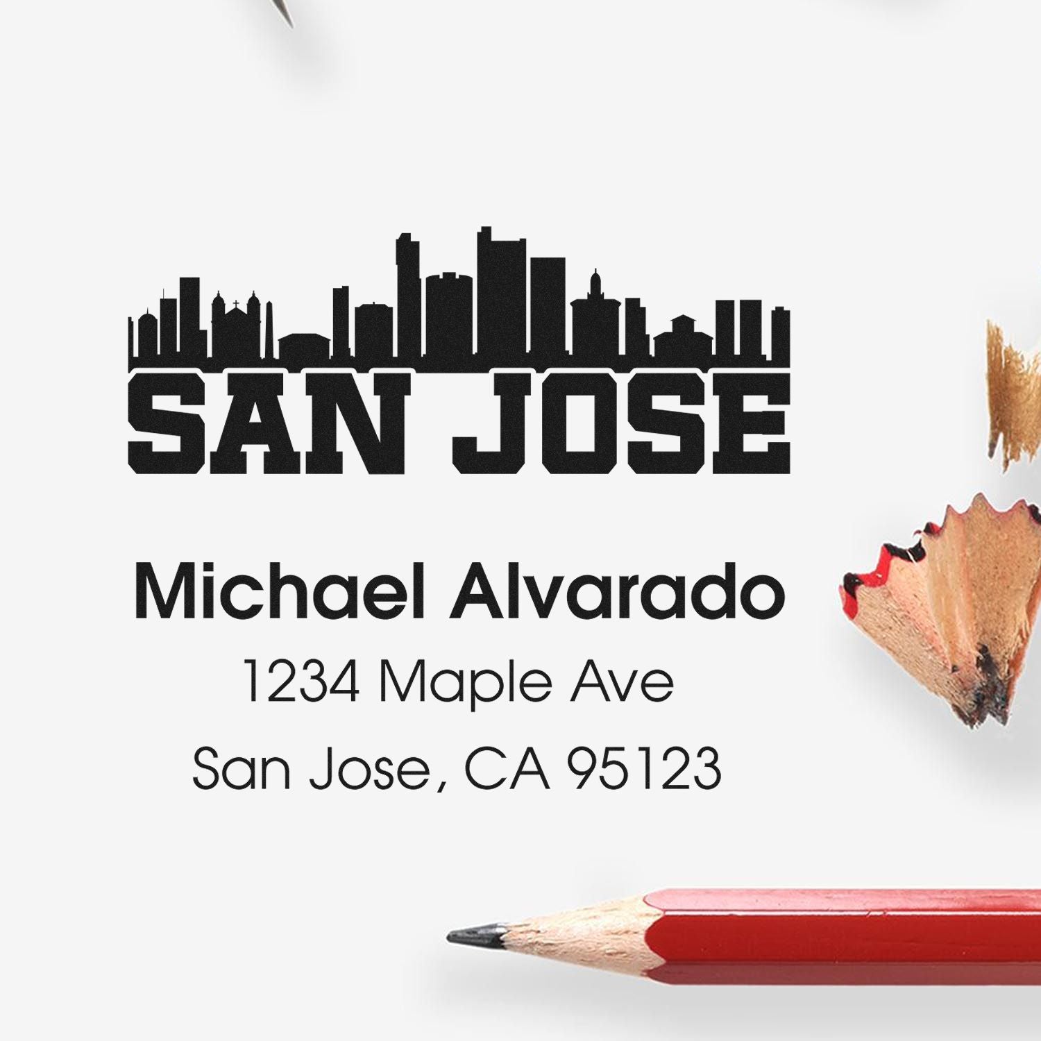 Custom San Jose rubber address stamp with skyline, Michael Alvarado, 1234 Maple Ave, San Jose, CA 95123.