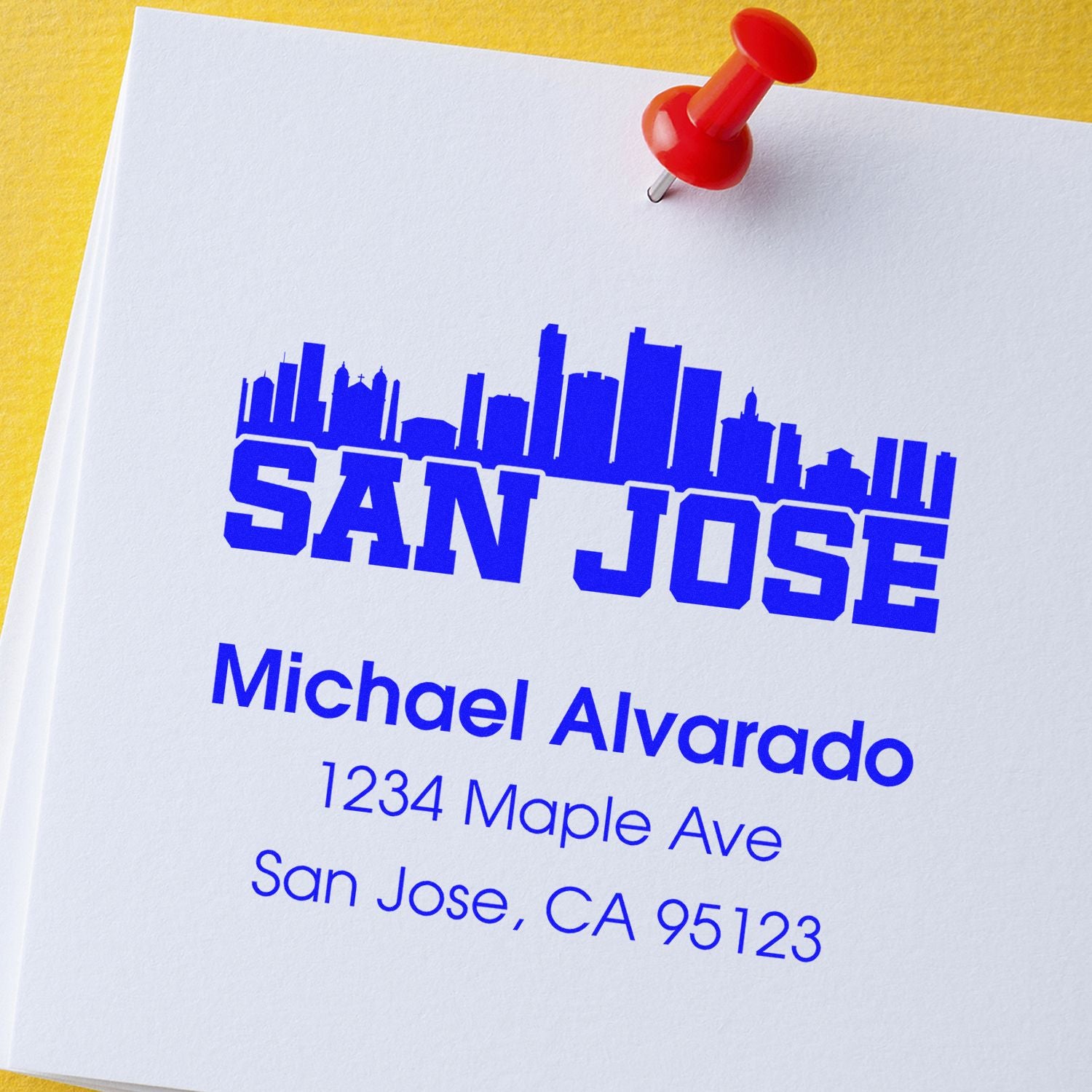 Custom San Jose return address rubber stamp impression with skyline design, featuring Michael Alvarado mailing address.