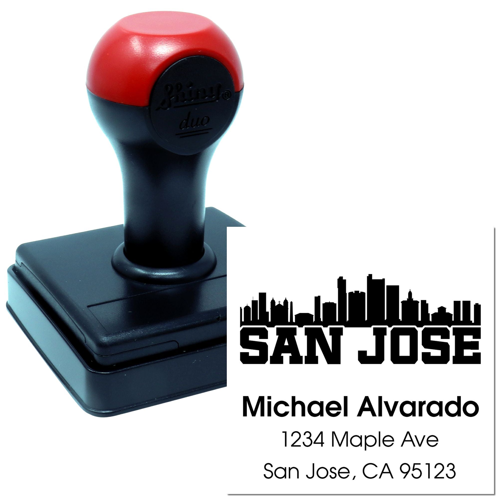 Custom self-inking rubber address stamp with San Jose skyline and personalized return address for Michael Alvarado.