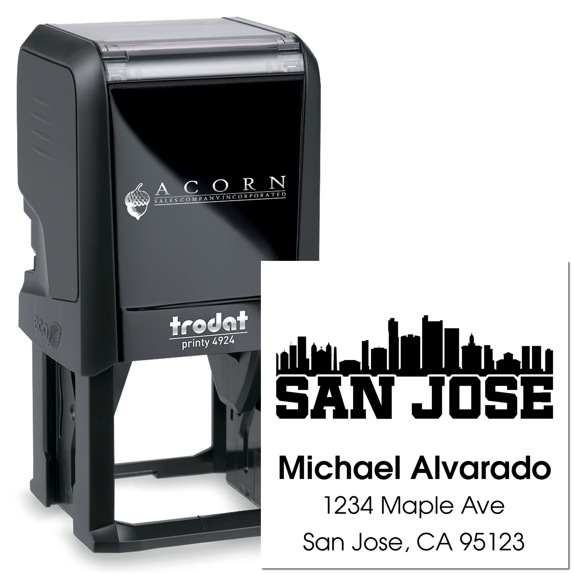 Custom Trodat self-inking rubber address stamp with San Jose skyline and Michael Alvarado return address.
