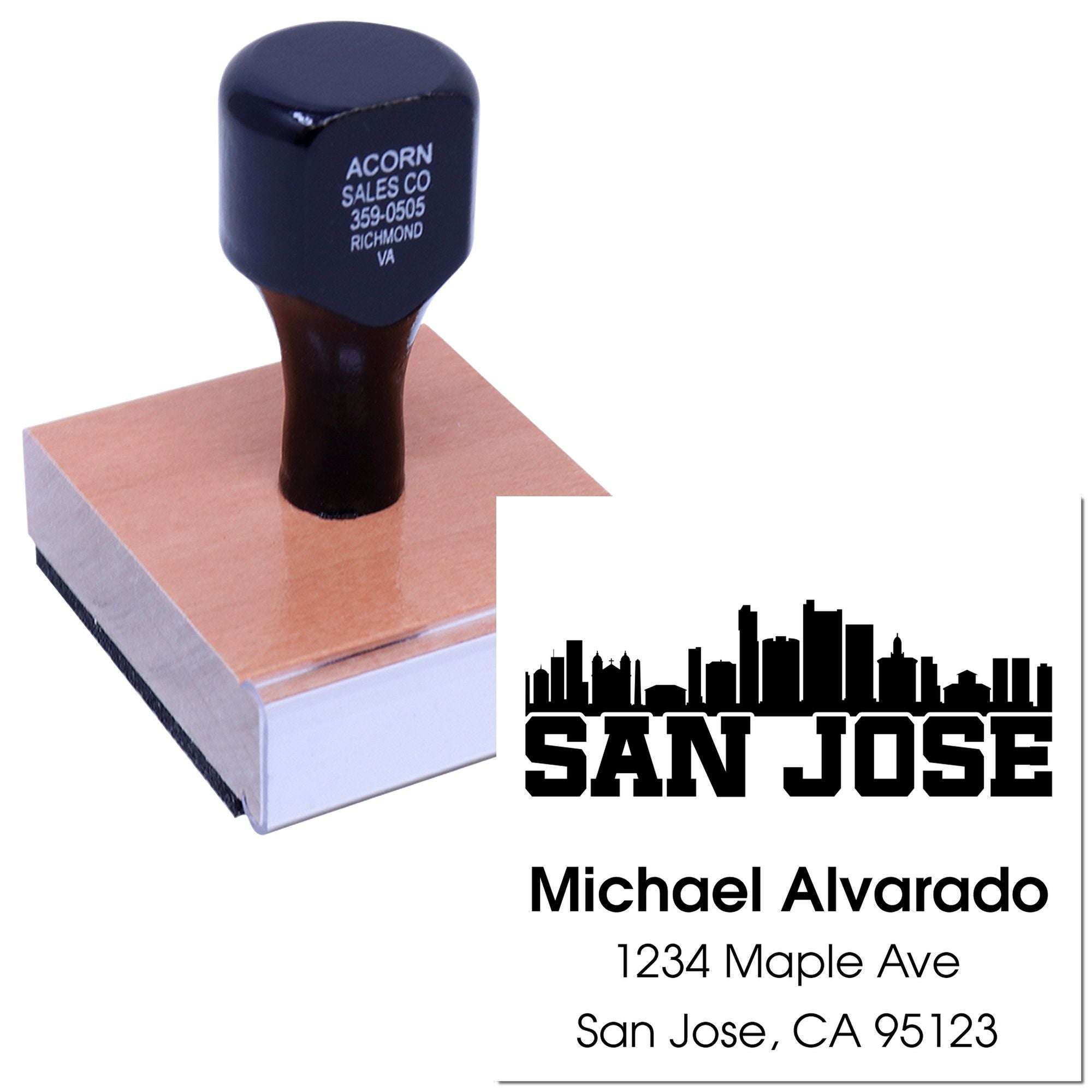 Custom rubber address stamp with San Jose skyline and personalized name, address, and ZIP code for mailing.