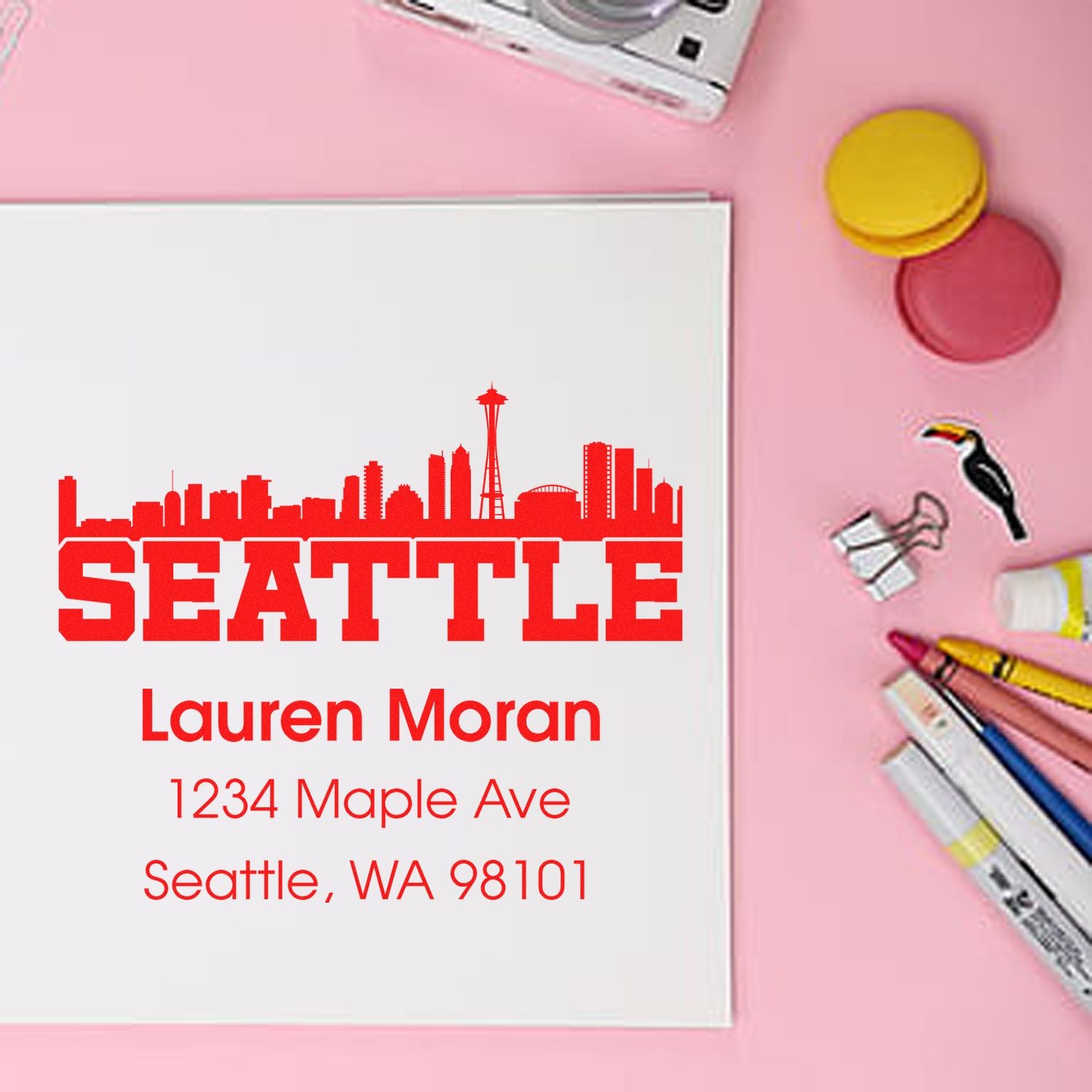 Custom Seattle address rubber stamp with skyline, personalized name and mailing address for stationery.