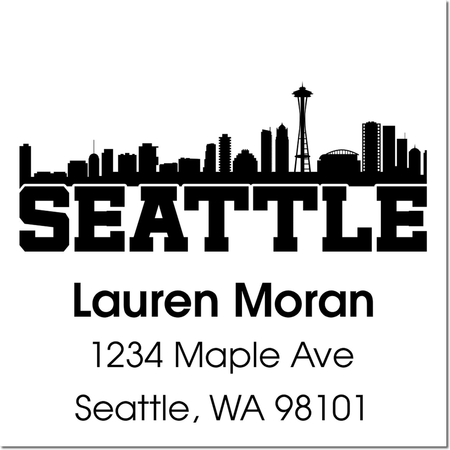 Custom Seattle address rubber stamp with skyline, Lauren Moran, 1234 Maple Ave, Seattle, WA 98101.