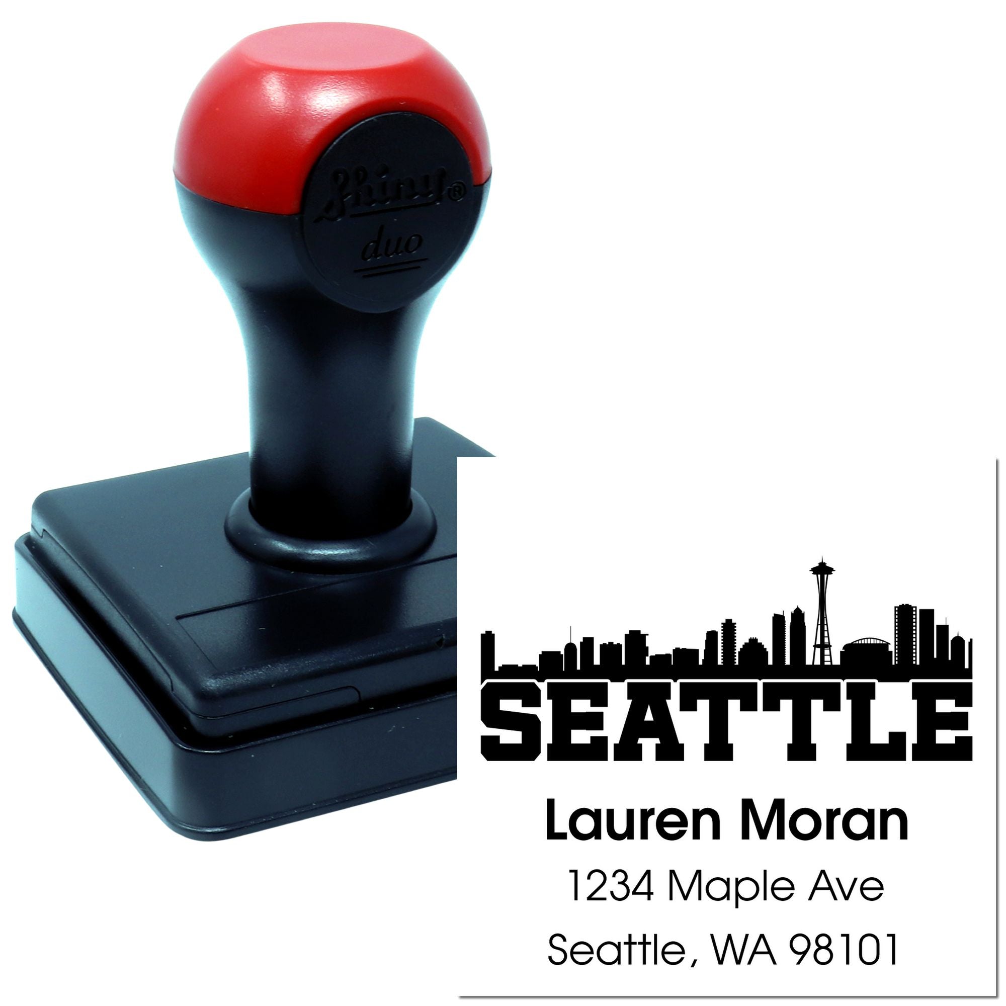 Custom Seattle self-inking rubber stamp for return addresses with name, street address, and skyline design imprint