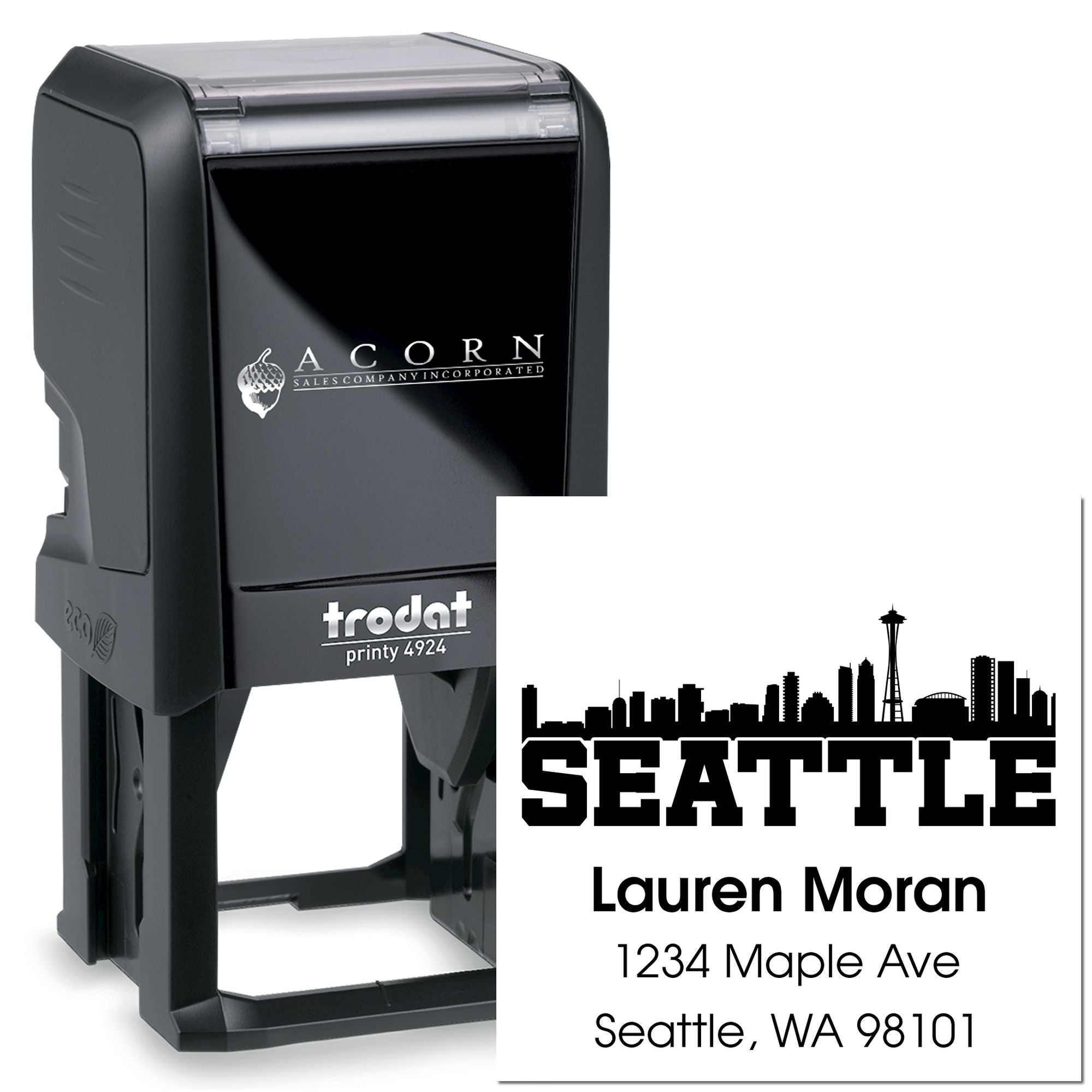 Custom self-inking rubber address stamp featuring Seattle skyline, Trodat Printy 4924, and personalized name and address.