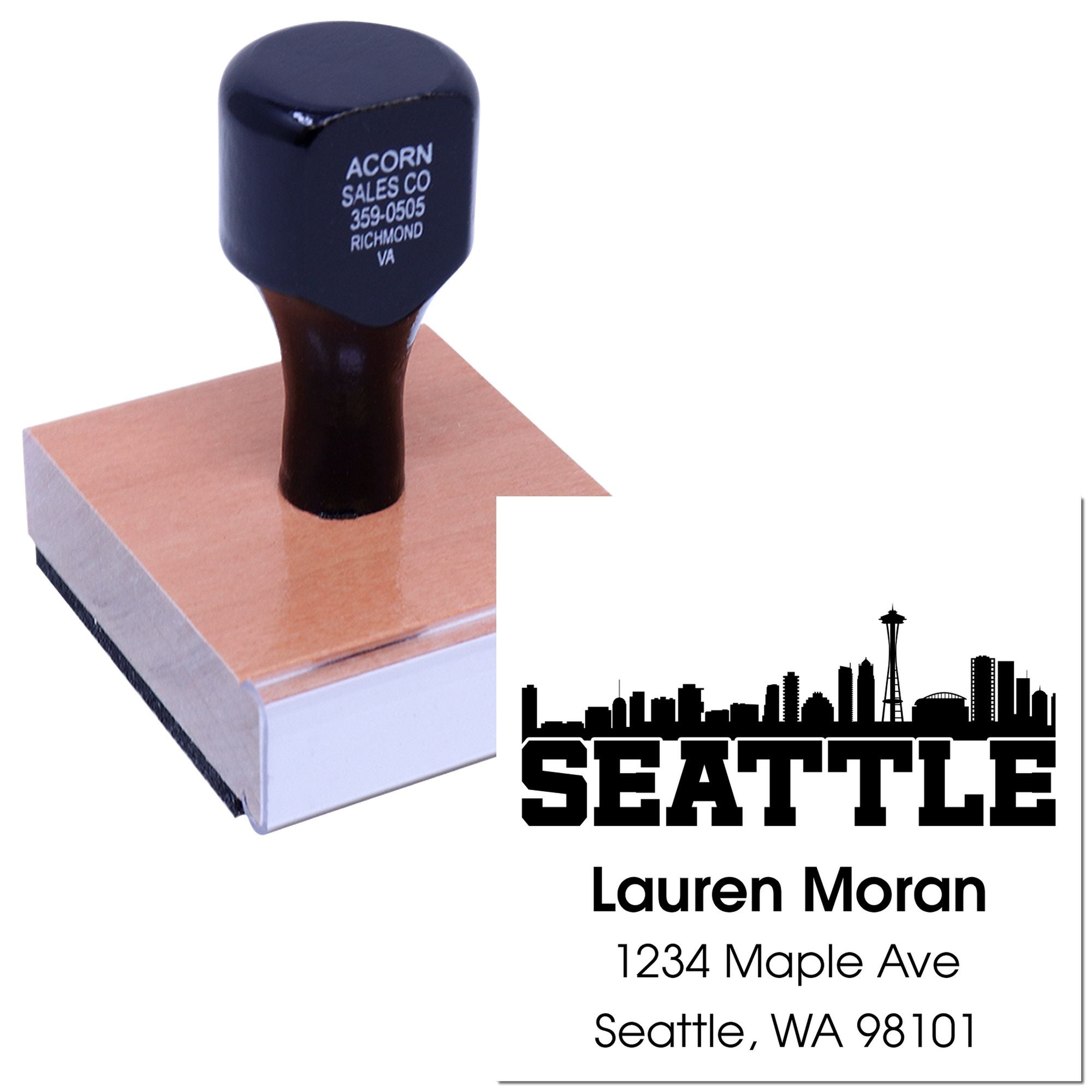 Custom return address rubber stamp with Seattle skyline design for Lauren Moran, 1234 Maple Ave, Seattle, WA 98101