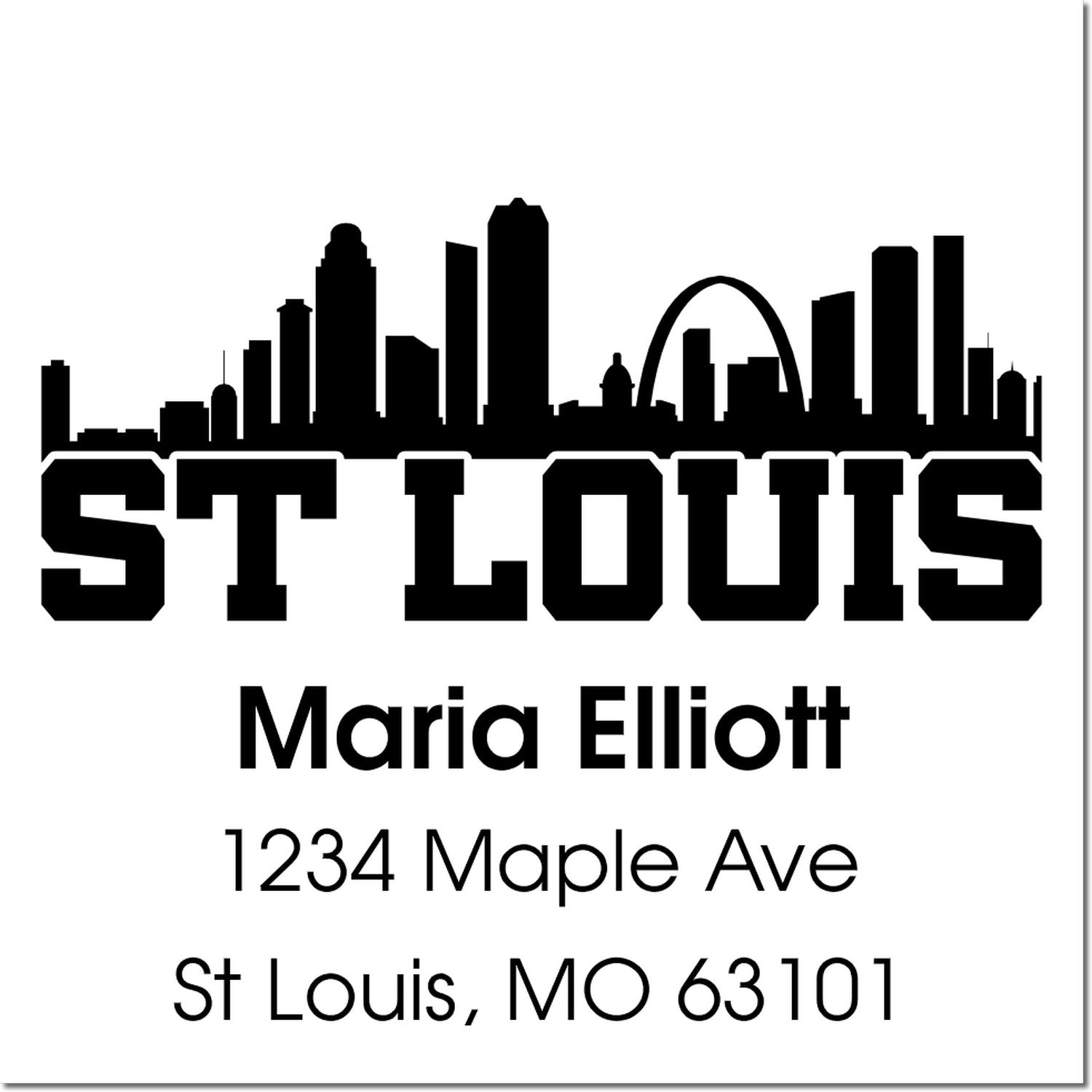 Custom St. Louis skyline address rubber stamp for Maria Elliott, 1234 Maple Ave, St. Louis, MO 63101