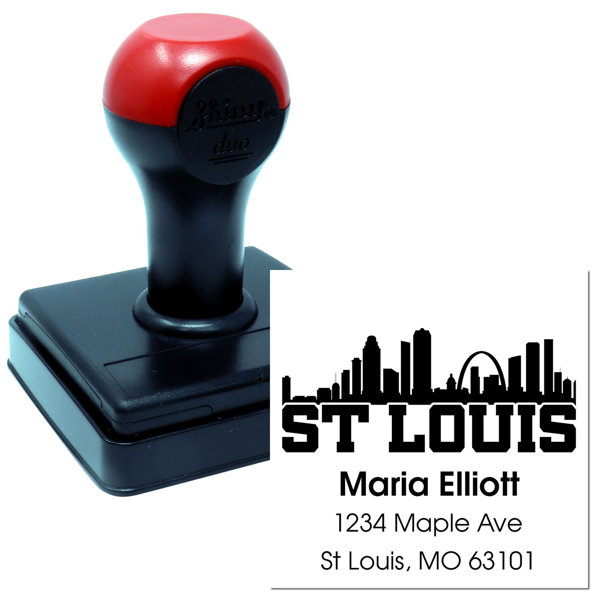 Custom self-inking rubber address stamp for St. Louis, MO with skyline, name, and return address for envelopes.