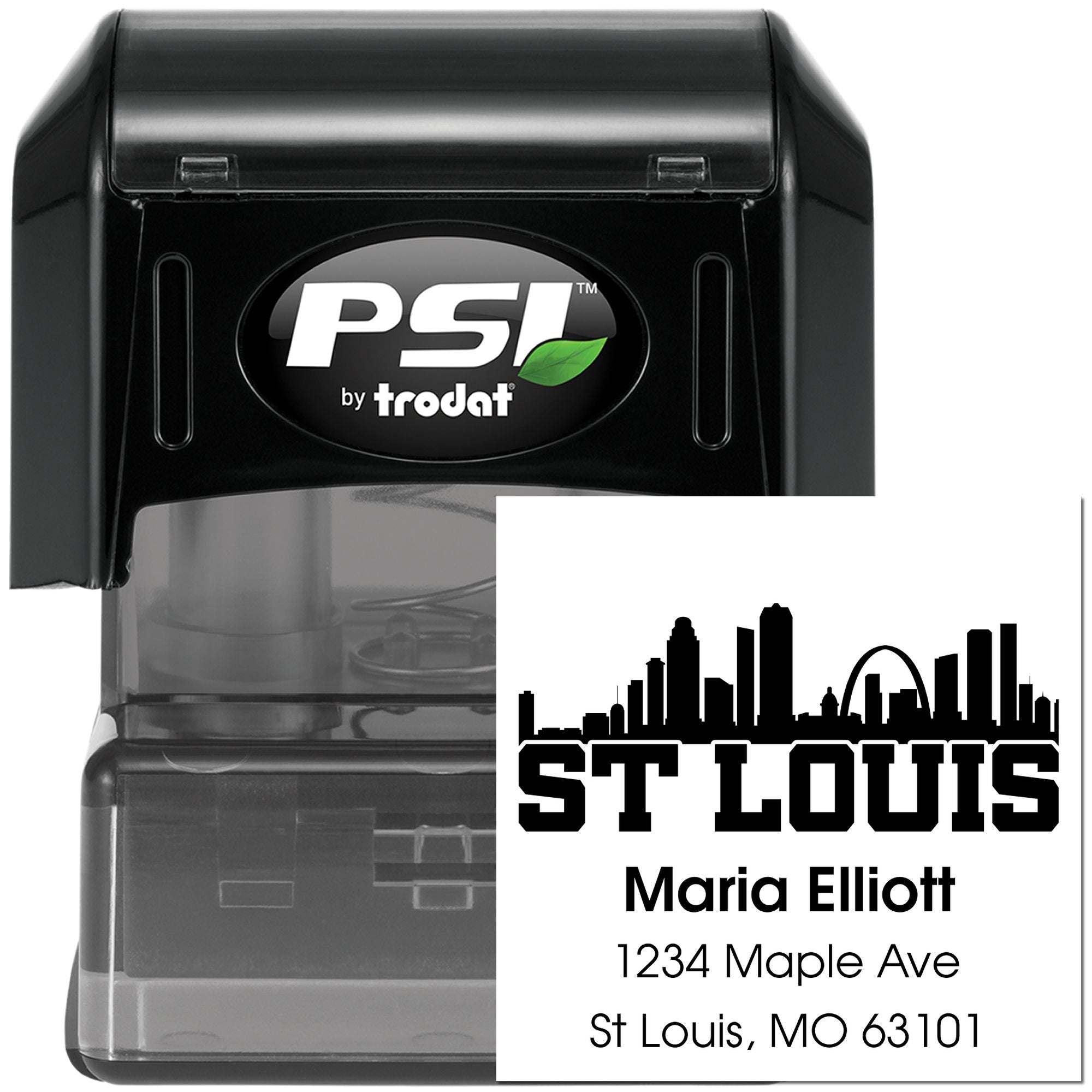 Custom self-inking address rubber stamp with St. Louis skyline by PSI/Trodat for personalized mailing and return addresses.