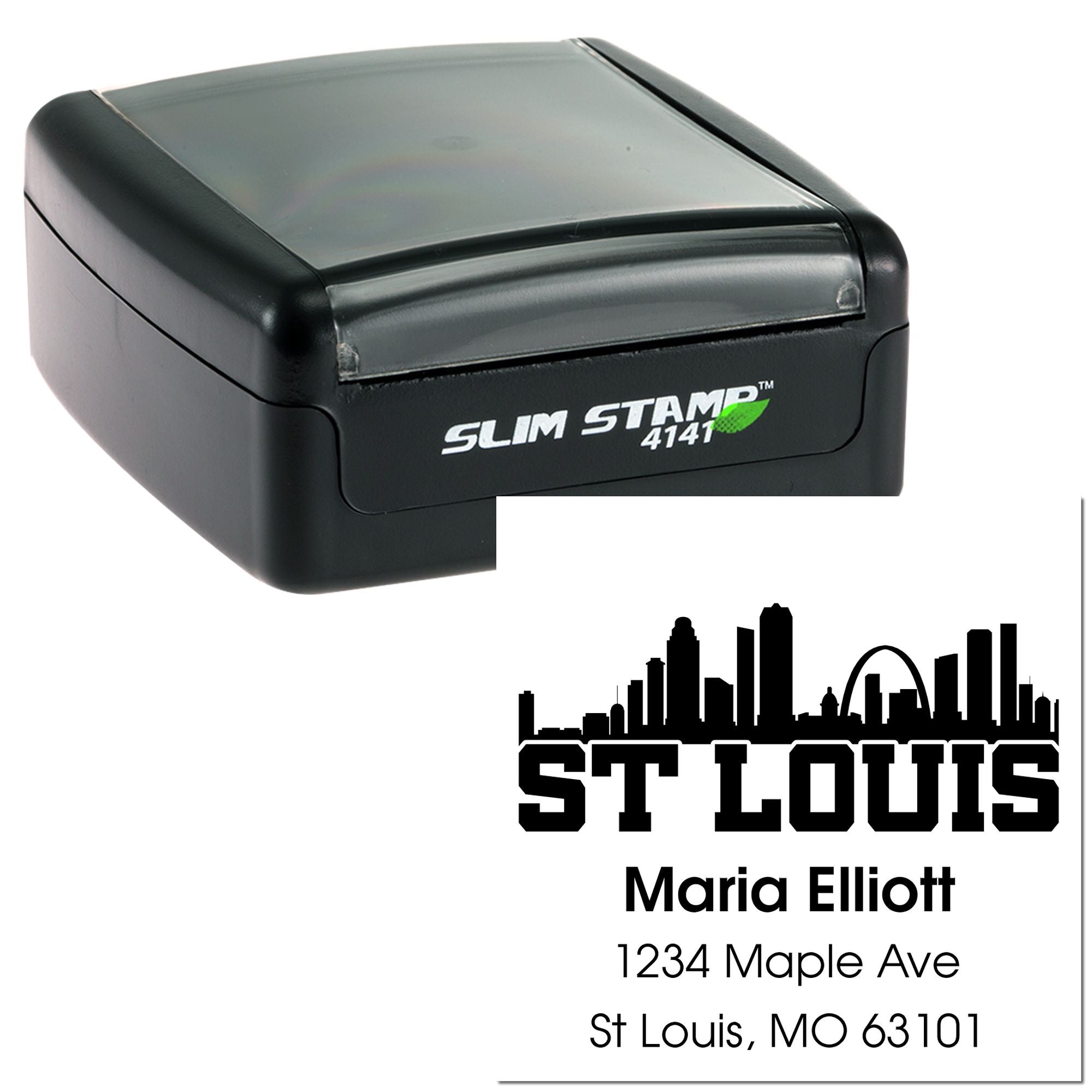 Custom self-inking rubber stamp with St. Louis skyline and personalized return address for Maria Elliott