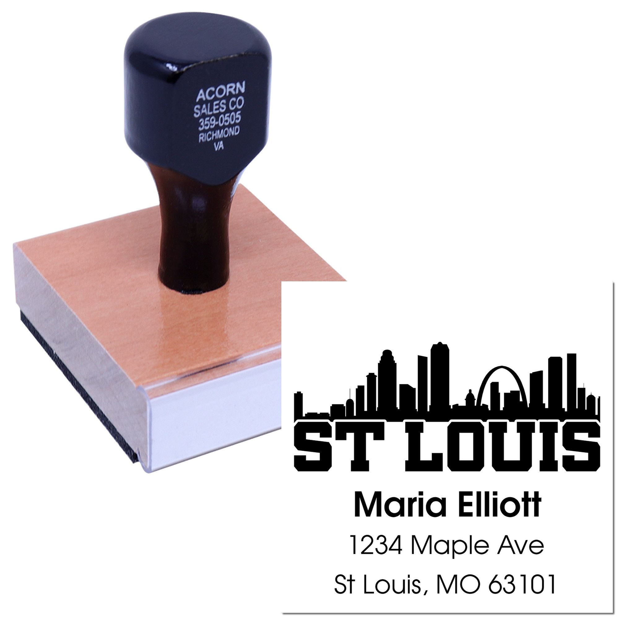 Custom self-inking address rubber stamp with St. Louis skyline, name, and mailing address for personal or business use.