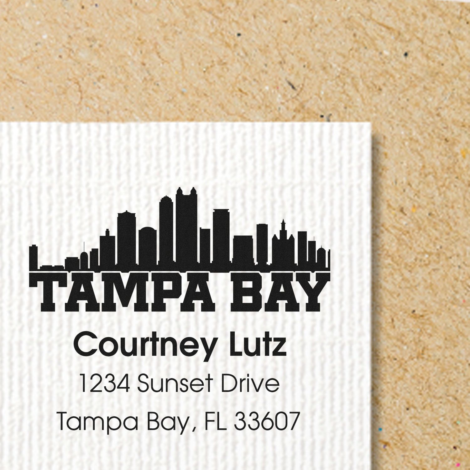 Personalized Tampa Bay skyline return address rubber stamp with Courtney Lutz name and custom mailing address.