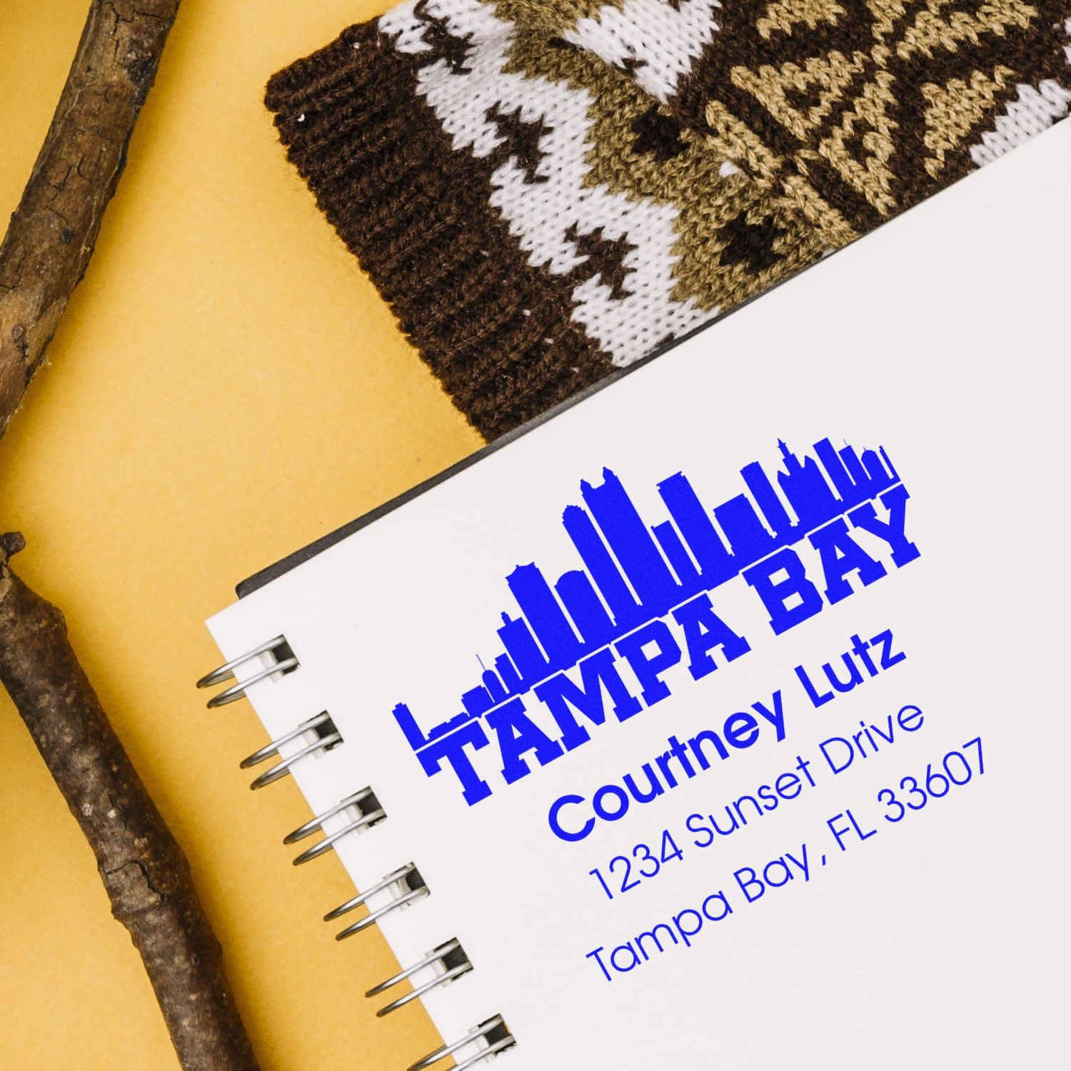 Personalized Tampa Bay return address rubber stamp with skyline, printed on notebook cover for Courtney Lutz.