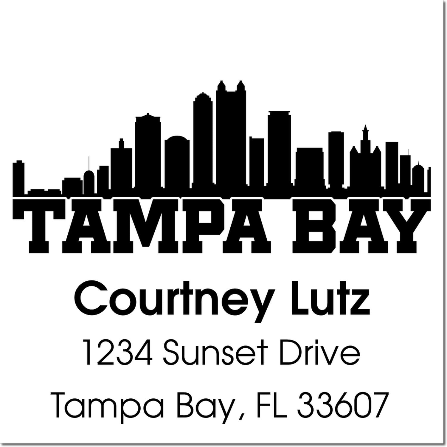 Custom Tampa Bay return address rubber stamp with skyline design, Courtney Lutz, 1234 Sunset Drive, Tampa Bay, FL 33607