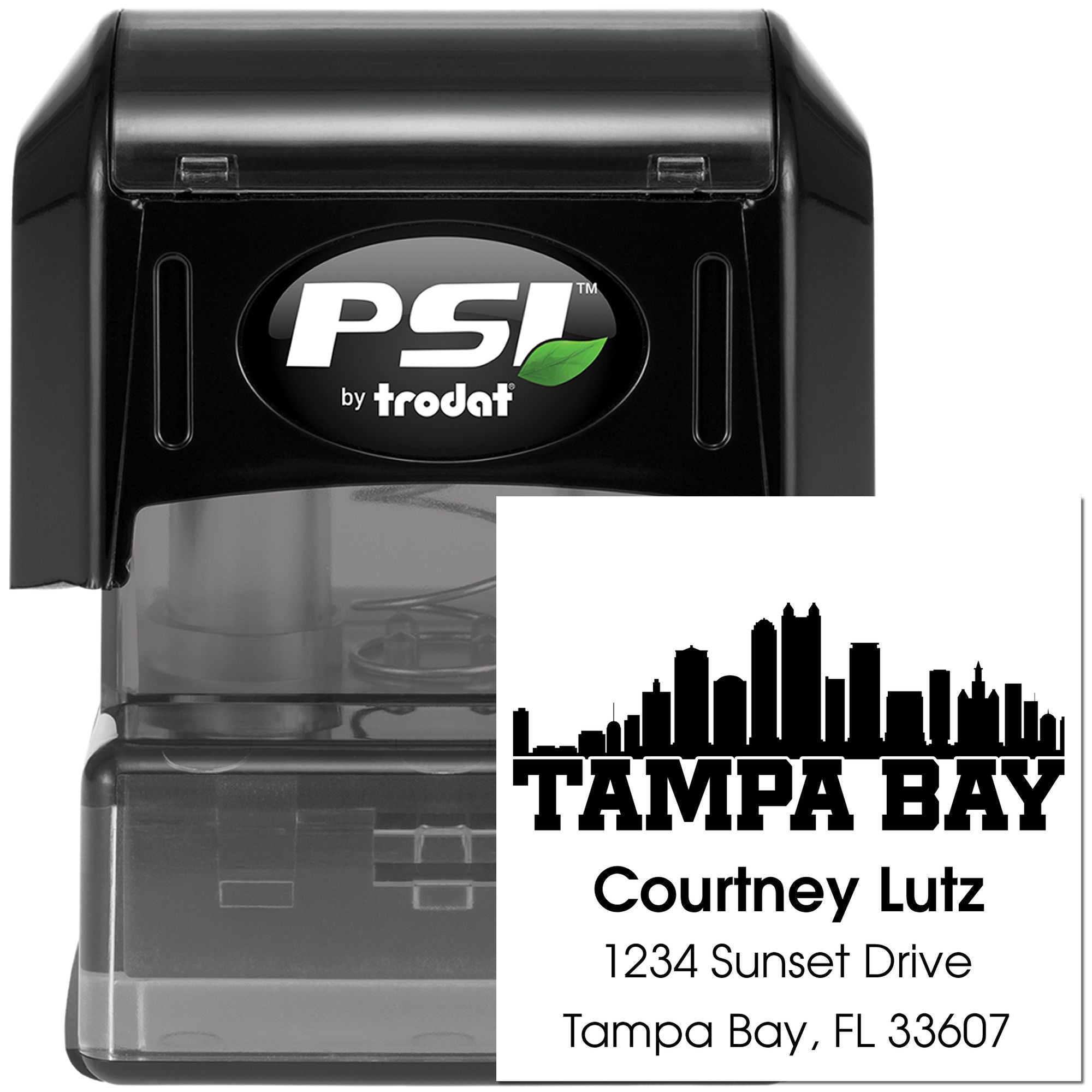 Custom self-inking rubber return address stamp with Tampa Bay skyline for Courtney Lutz.