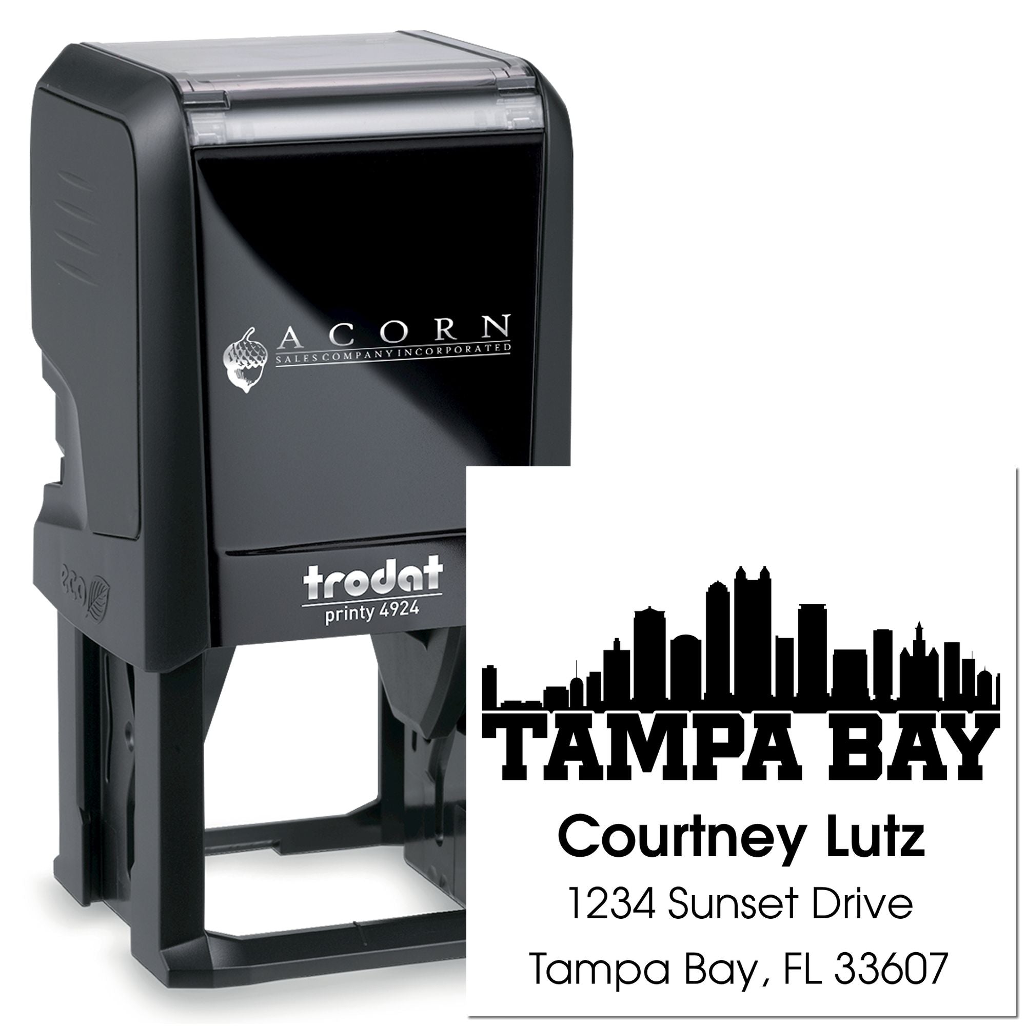 Custom self-inking rubber address stamp with Tampa Bay skyline design for business mailing and branding.