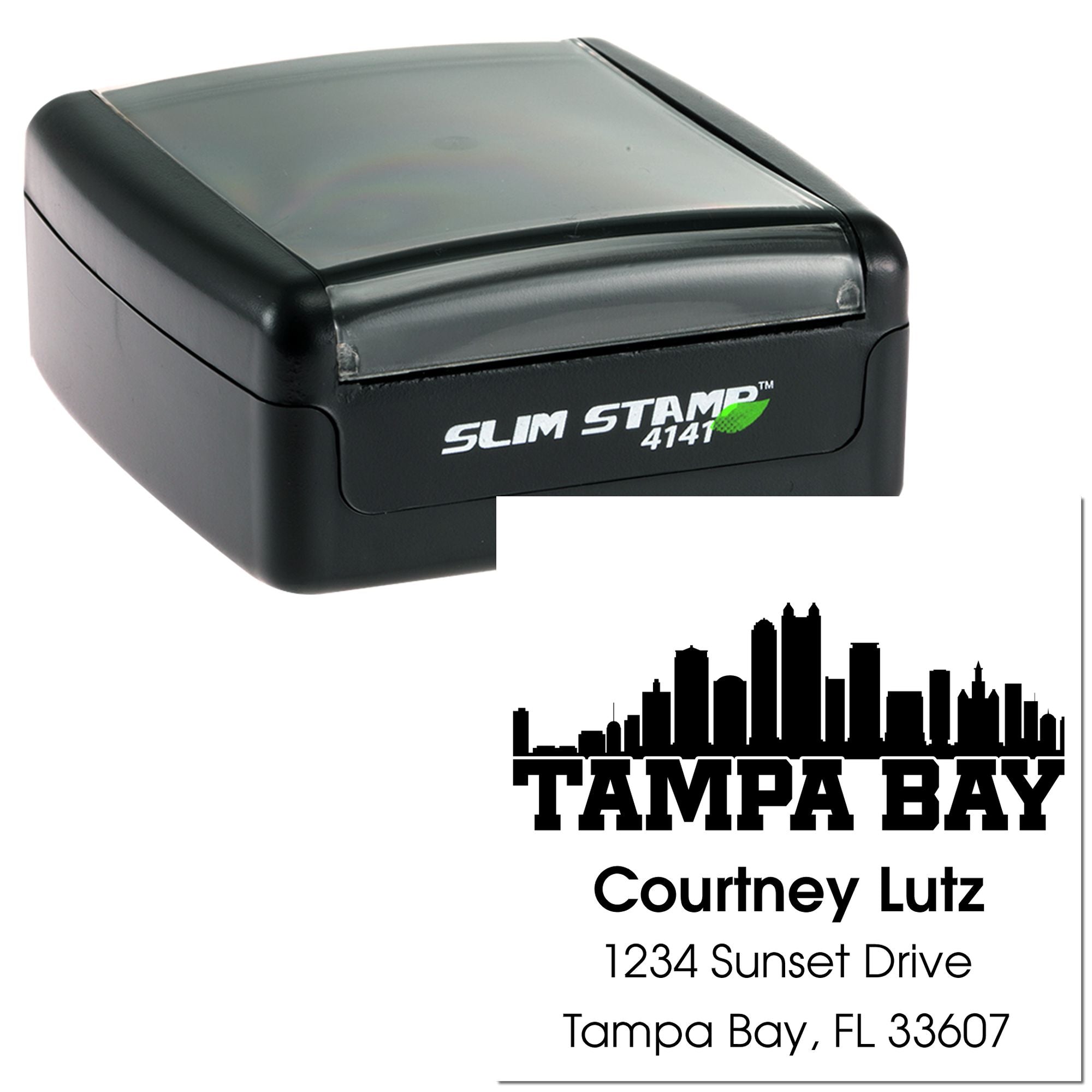 Custom Tampa Bay return address self-inking rubber stamp with skyline design, name, street address, and city, state, ZIP.