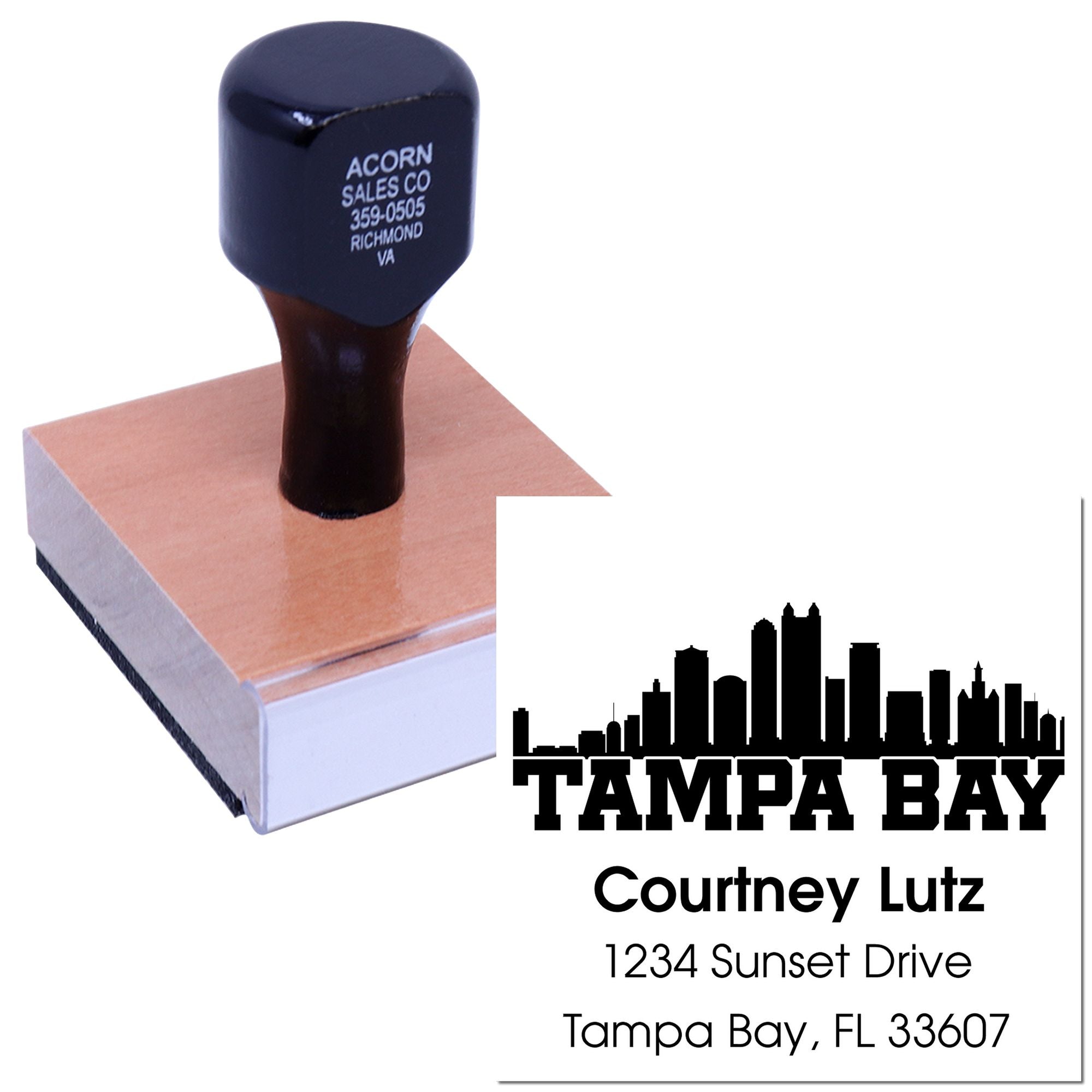 Custom Tampa Bay return address rubber stamp with skyline logo and personalized mailing details