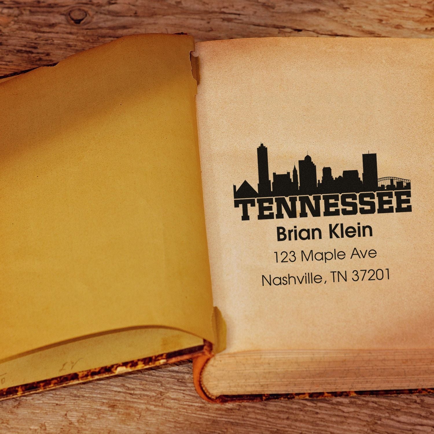 Custom Tennessee address rubber stamp with Nashville skyline, featuring Brian Klein name and mailing address.