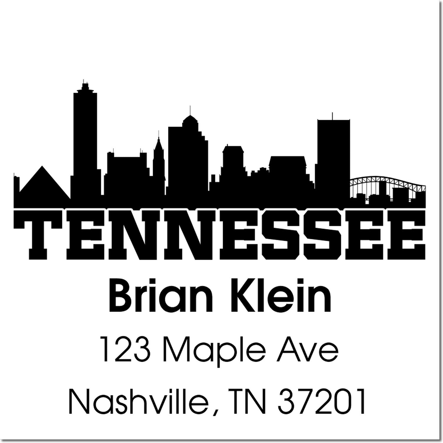 Custom Tennessee address rubber stamp with Nashville skyline for Brian Klein, 123 Maple Ave, Nashville, TN 37201