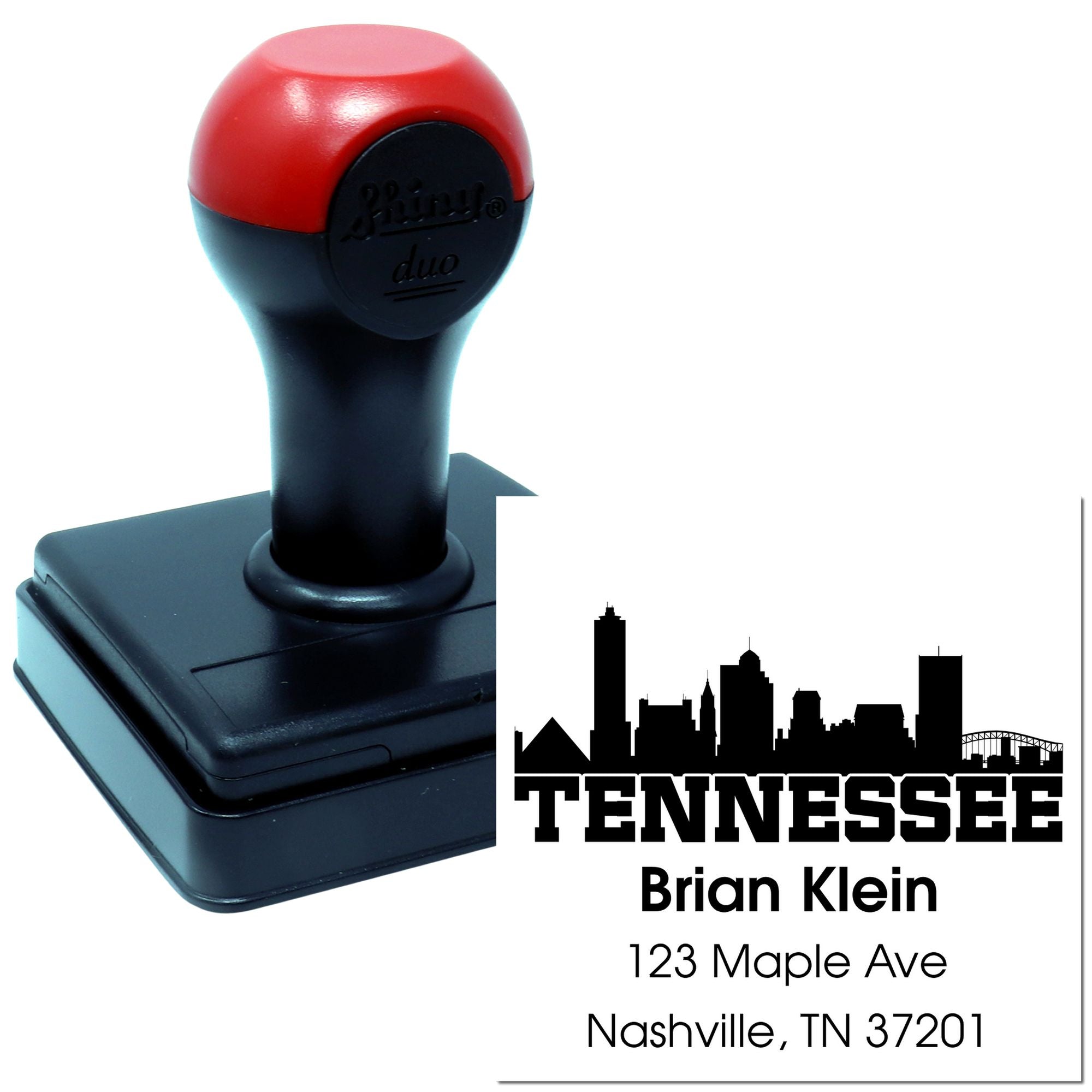 Custom self-inking address rubber stamp with Tennessee skyline design and name, address, and city text.