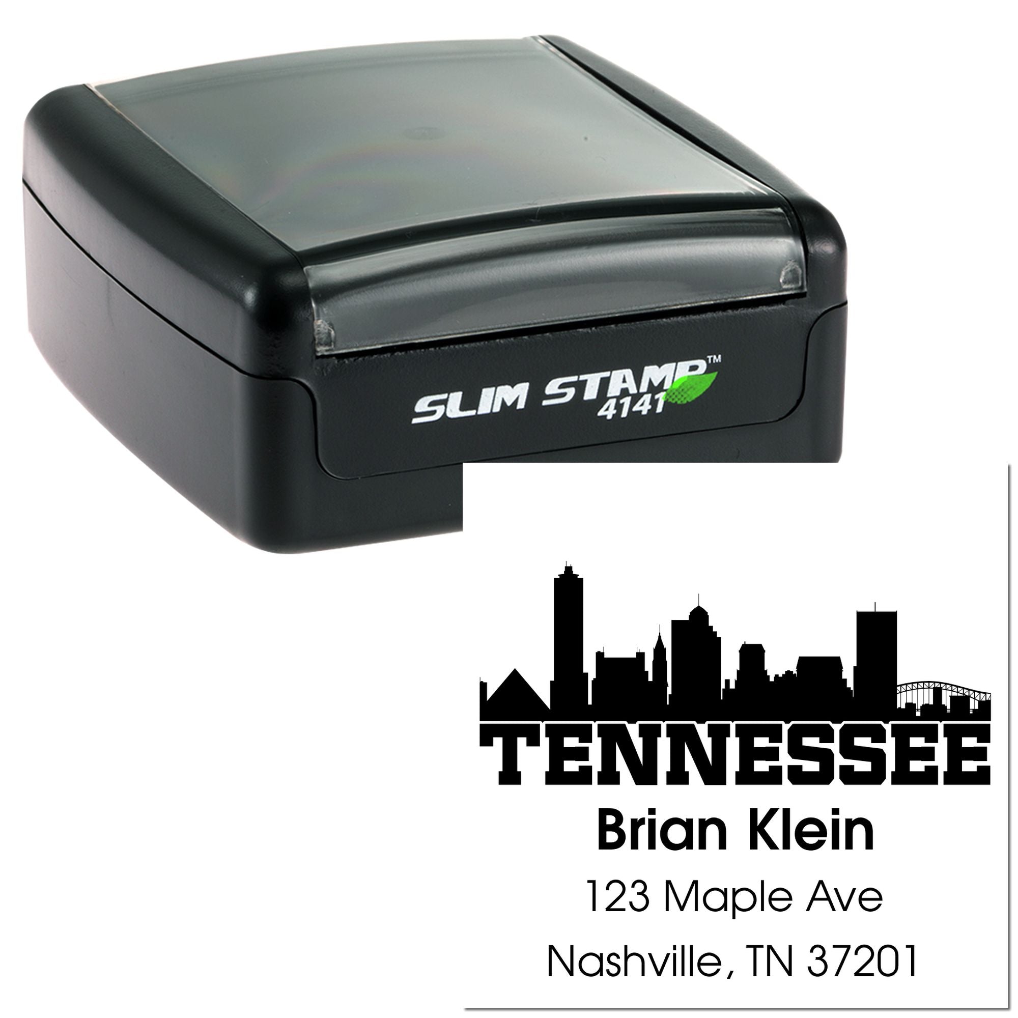 Custom self-inking Tennessee address rubber stamp with skyline, Brian Klein, 123 Maple Ave, Nashville, TN 37201.
