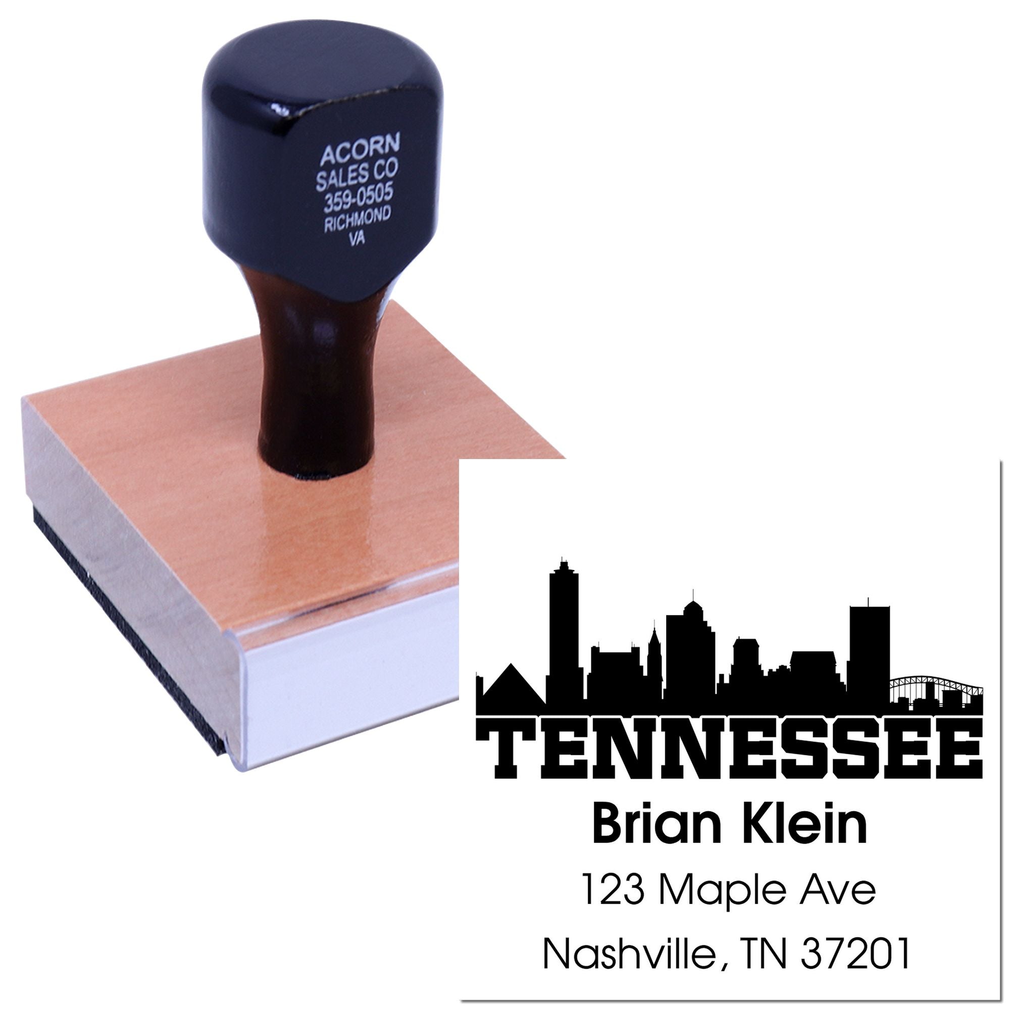 Custom address rubber stamp with Tennessee skyline design, name, and mailing address for business branding.