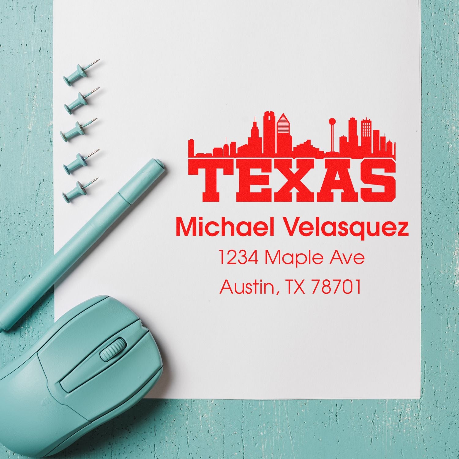 Custom Texas address rubber stamp imprint with skyline, featuring Michael Velasquez, Austin, TX 78701.