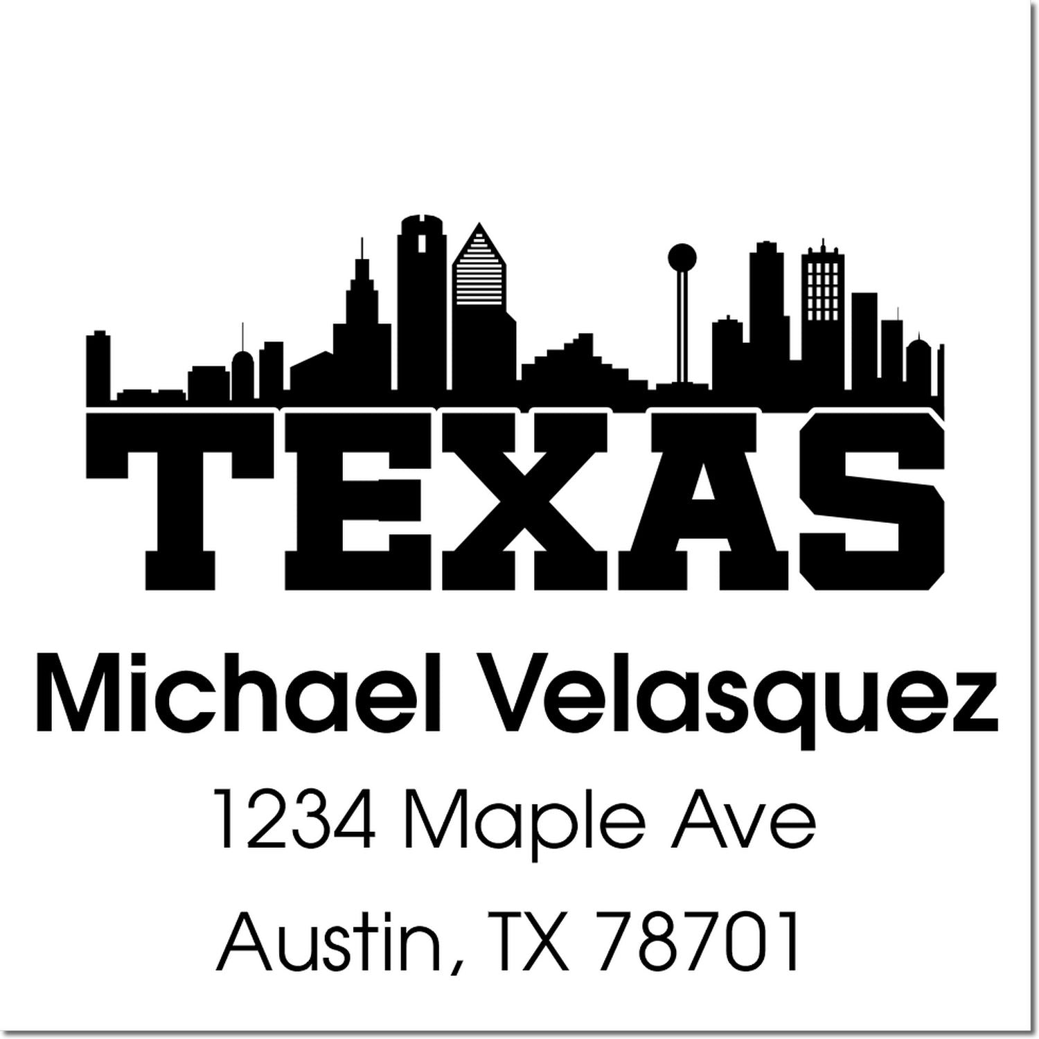 Custom Texas return address rubber stamp with Austin skyline, Michael Velasquez name, and Austin, TX 78701 mailing address.