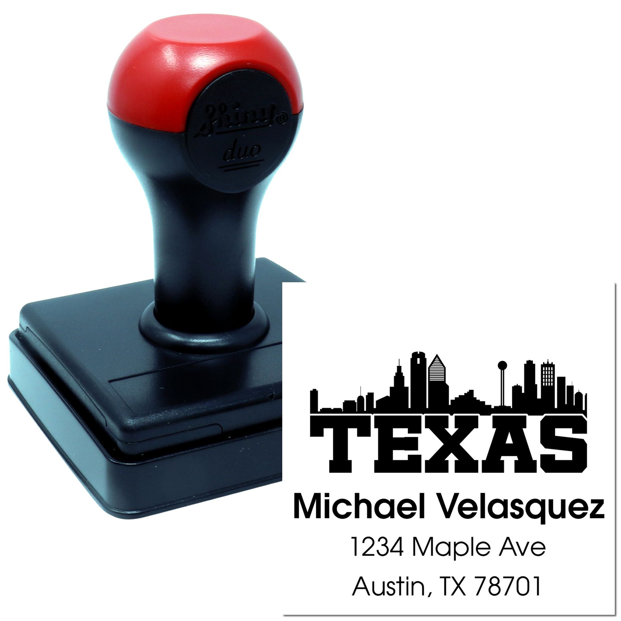 Custom self-inking Texas return address rubber stamp with skyline design for Michael Velasquez, Austin, TX