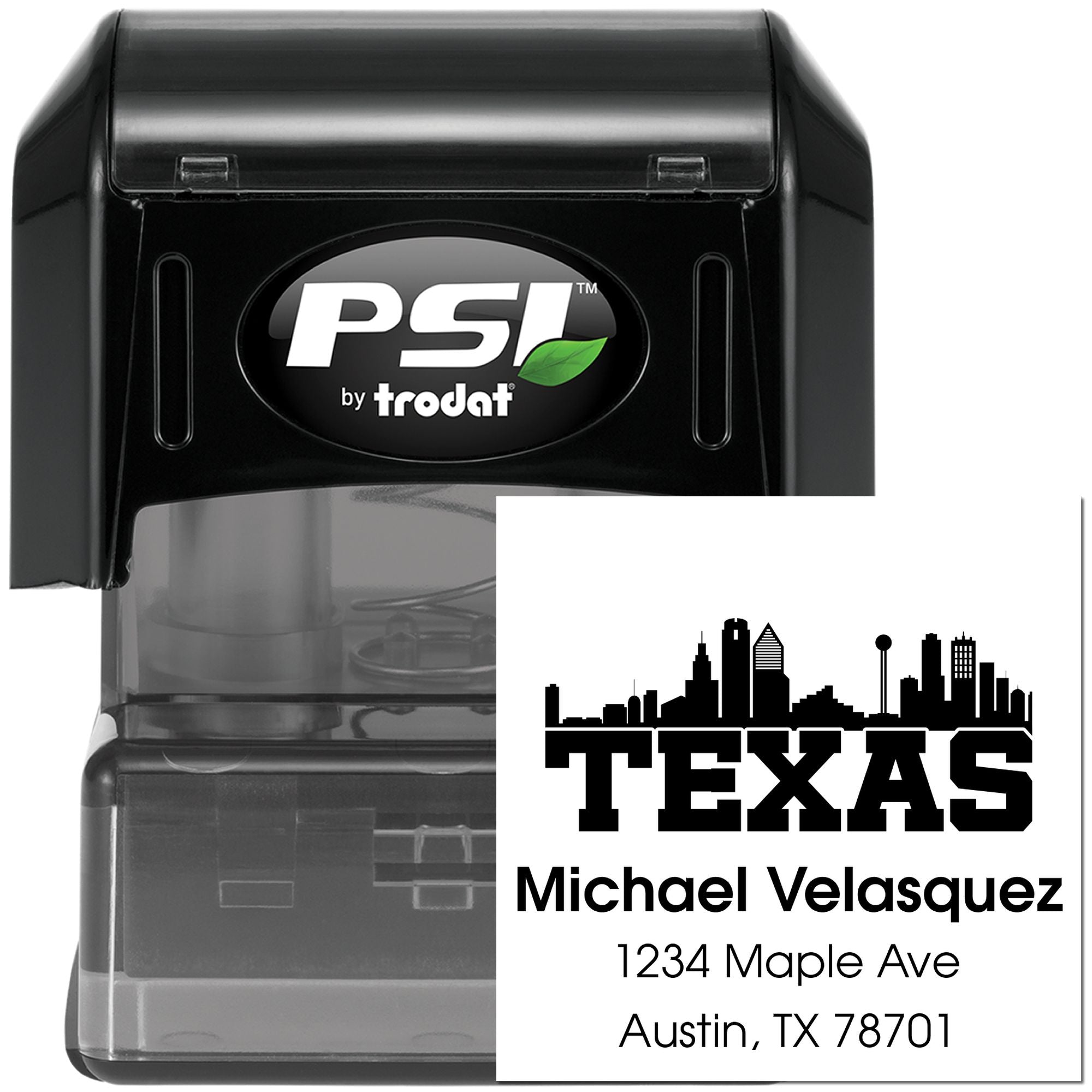 Custom Austin, TX self-inking address rubber stamp by PSI Trodat with Texas skyline and name block.