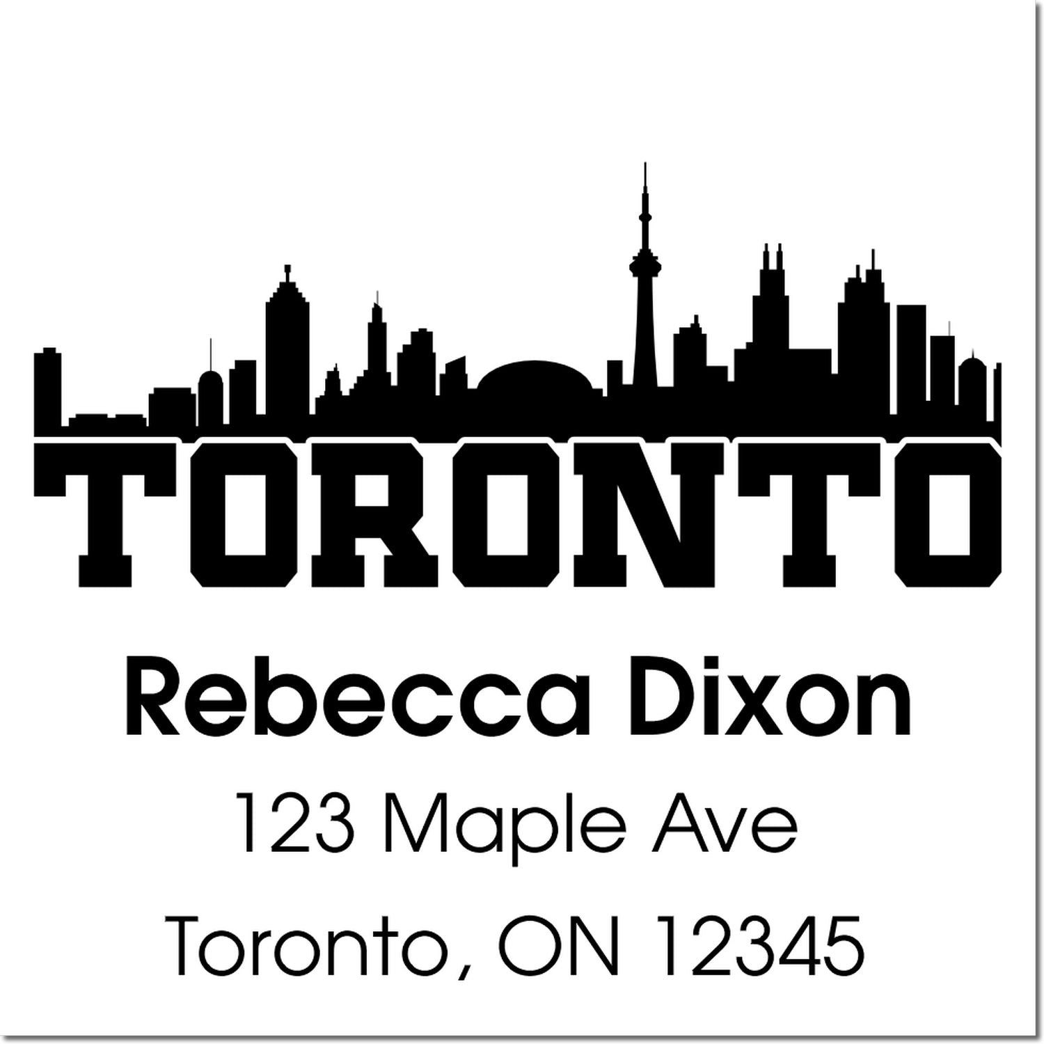 Custom Toronto return address rubber stamp with skyline, Rebecca Dixon, 123 Maple Ave, Toronto, ON 12345.