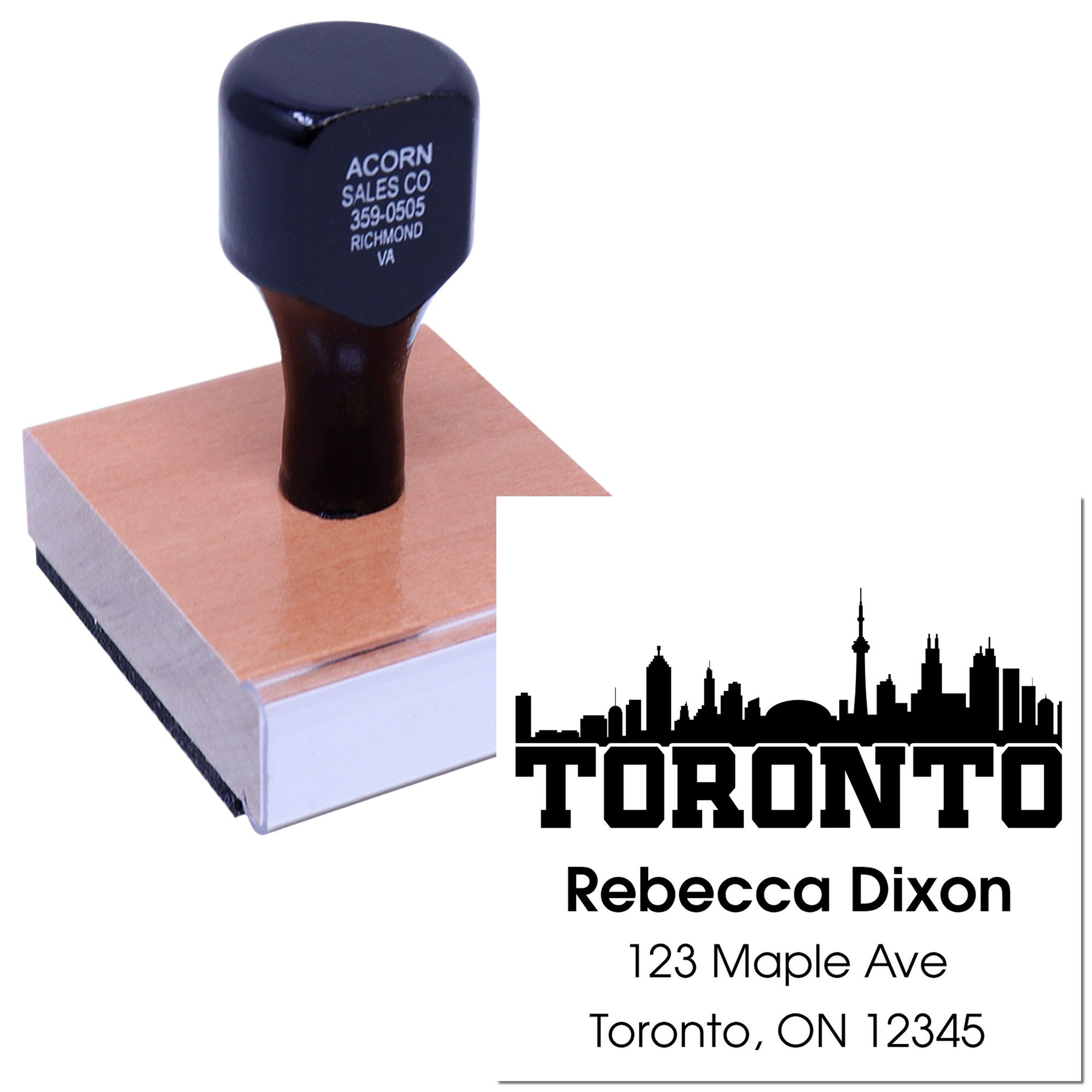 Custom address rubber stamp with Toronto skyline, featuring Rebecca Dixon, 123 Maple Ave, Toronto, ON 12345.