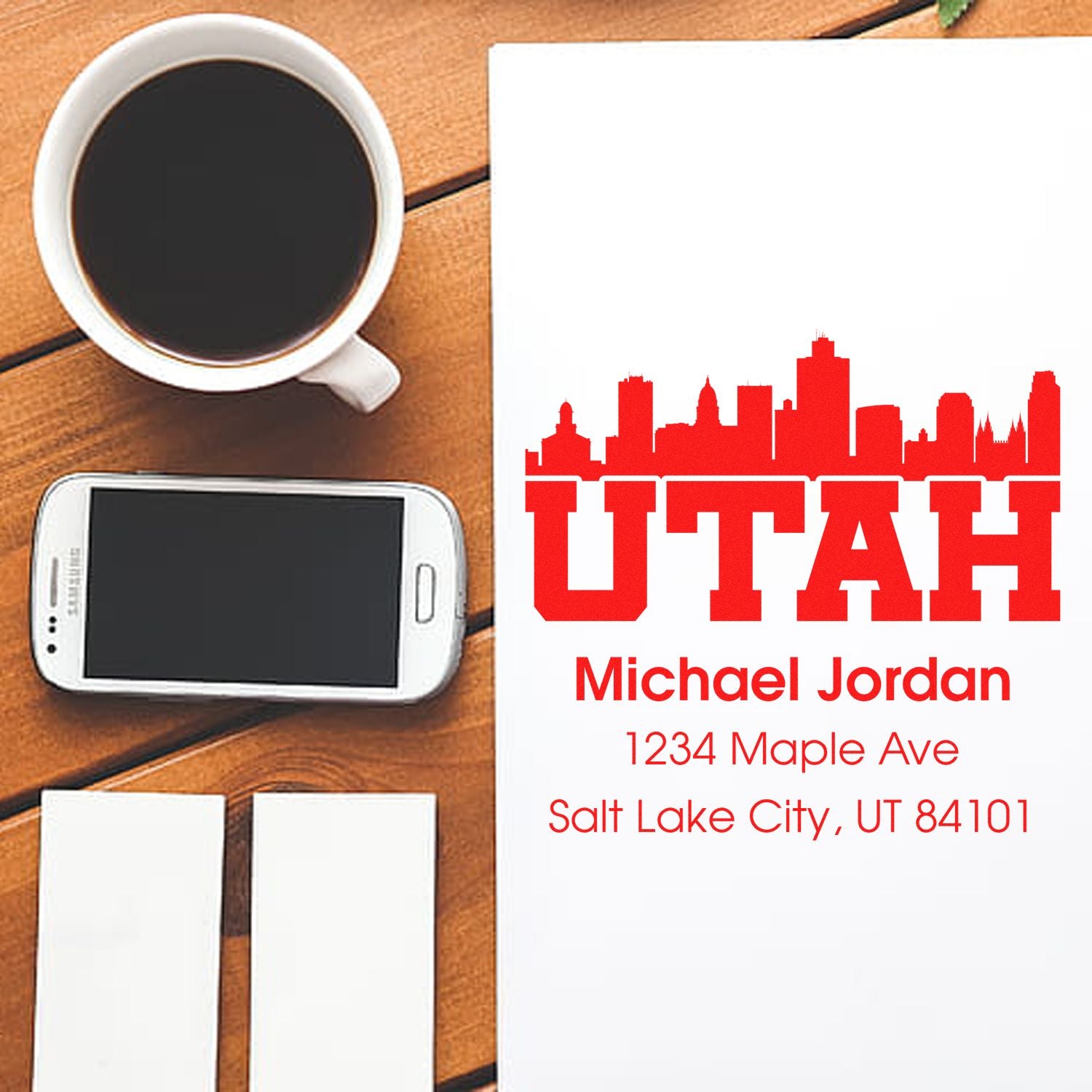 Custom return address rubber stamp mockup with Utah skyline and Salt Lake City mailing address.