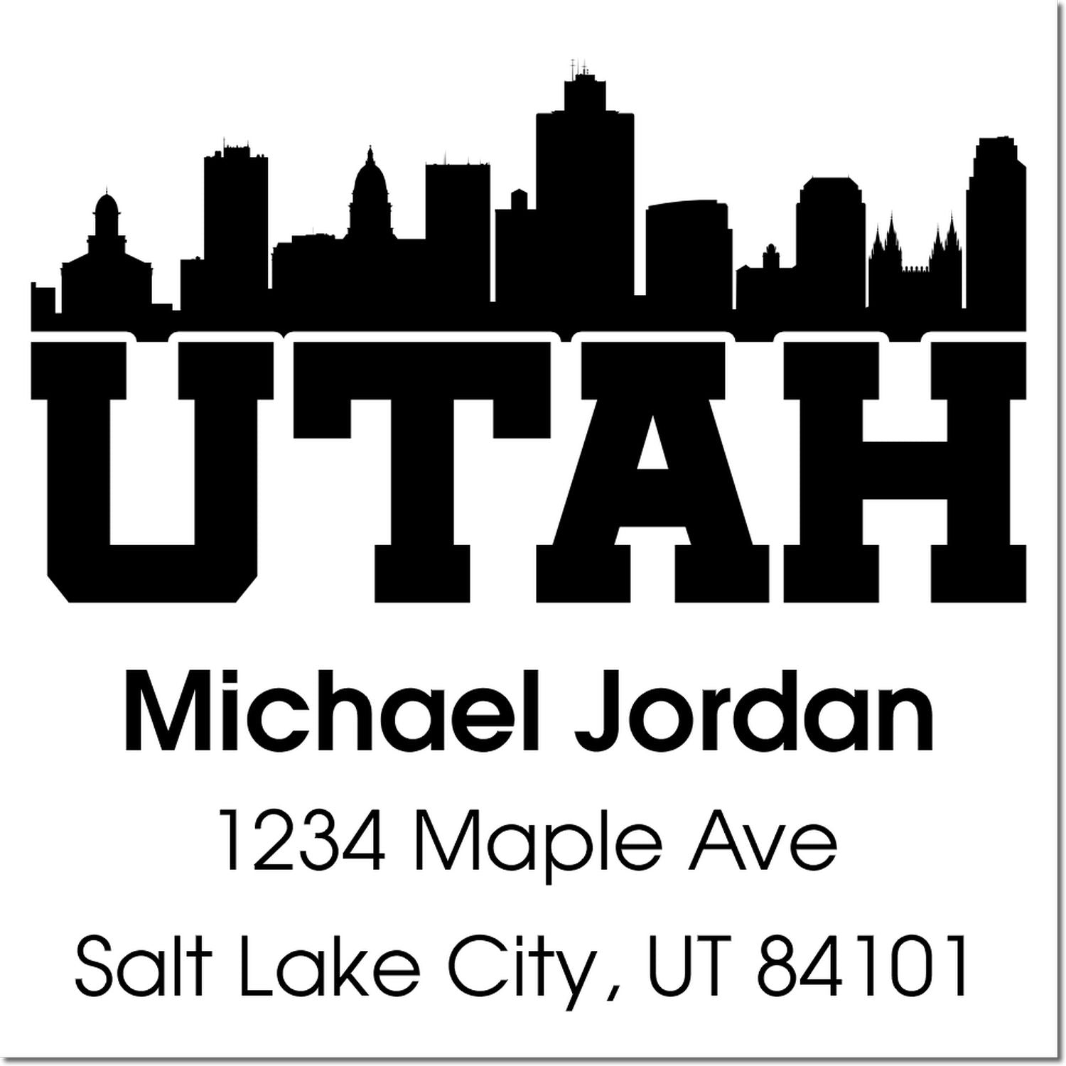 Custom Utah skyline return address rubber stamp with personalized name and Salt Lake City, UT address design